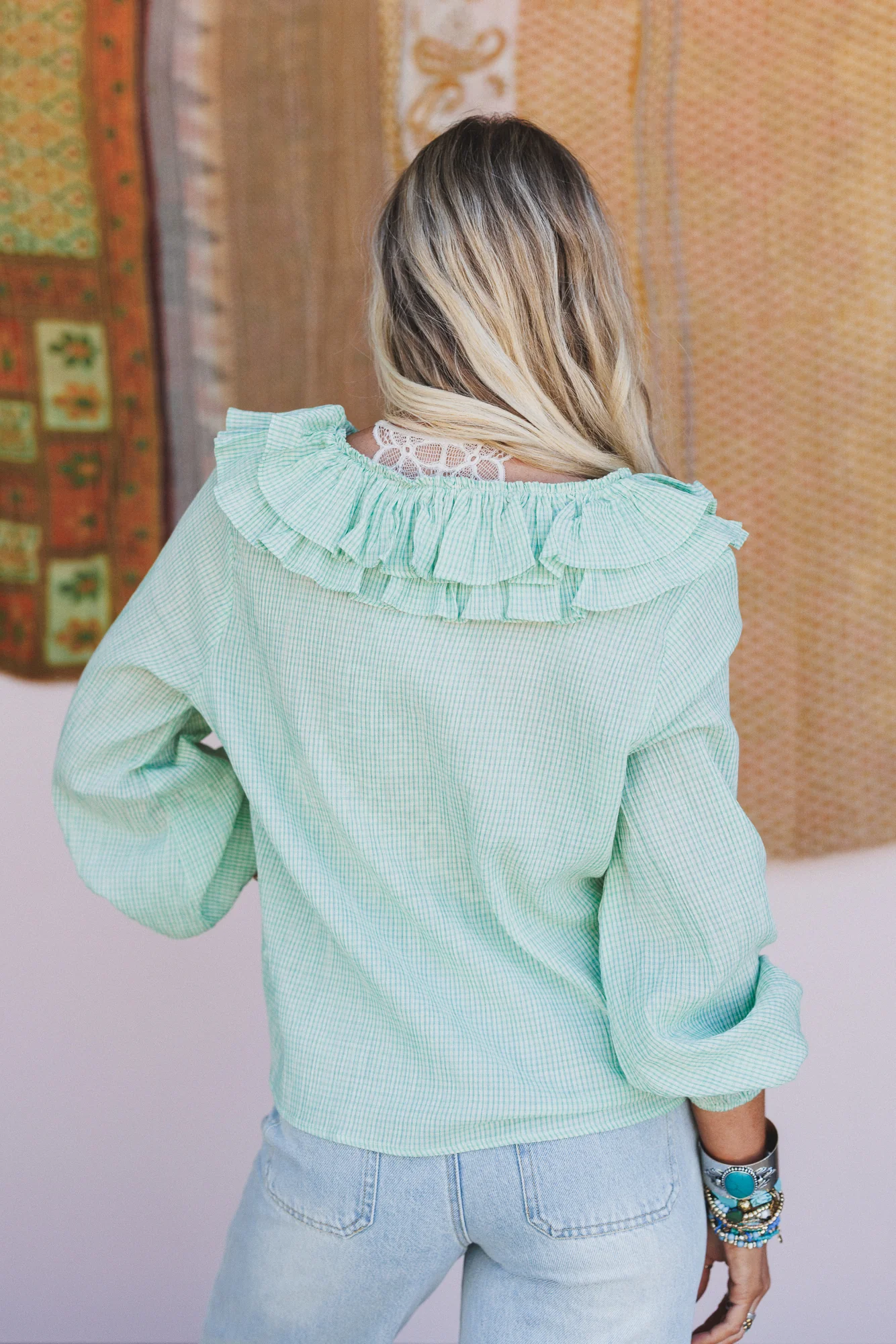 Alila Checkered Ruffle Blouse - Green - Image 5