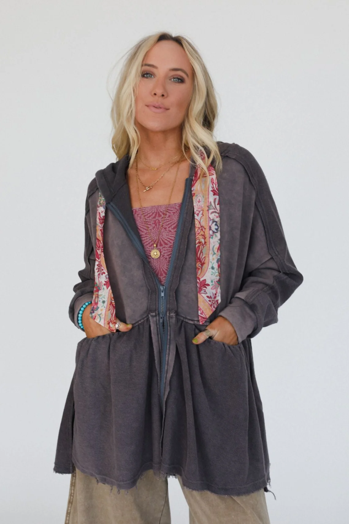 Annie Zip Up Hoodie Shacket - Gray - Image 2