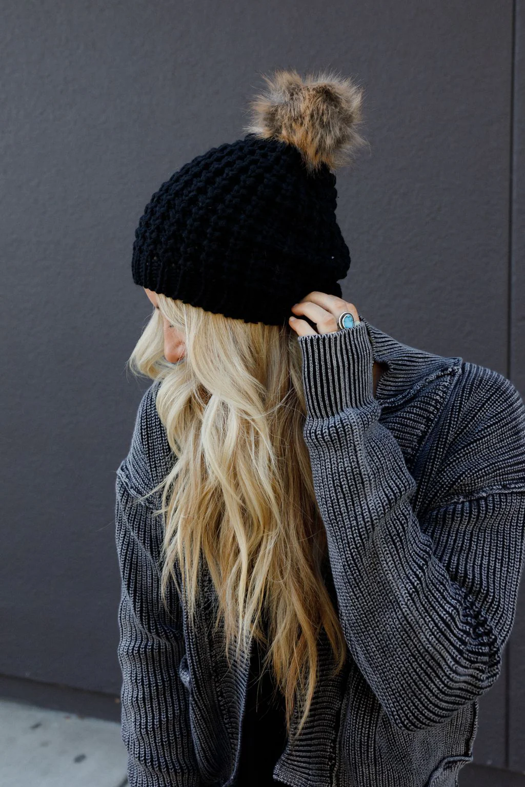 Aspen Waffle Knit Faux Fur Beanie - Black