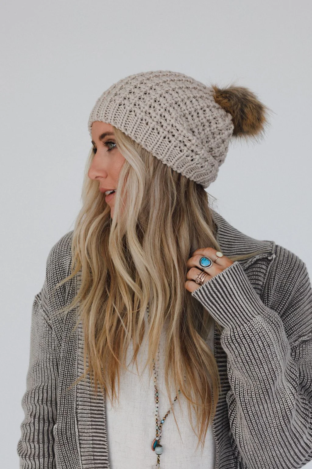 Aspen Waffle Knit Faux Fur Beanie - Mocha - Image 3