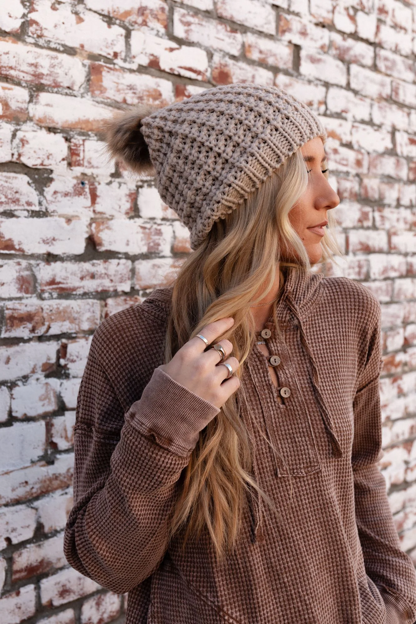 Aspen Waffle Knit Faux Fur Beanie - Mocha - Image 5