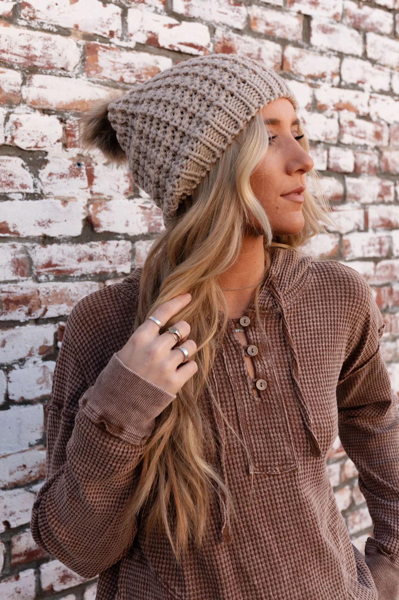 Aspen Waffle Knit Faux Fur Beanie - Mocha - Image 8