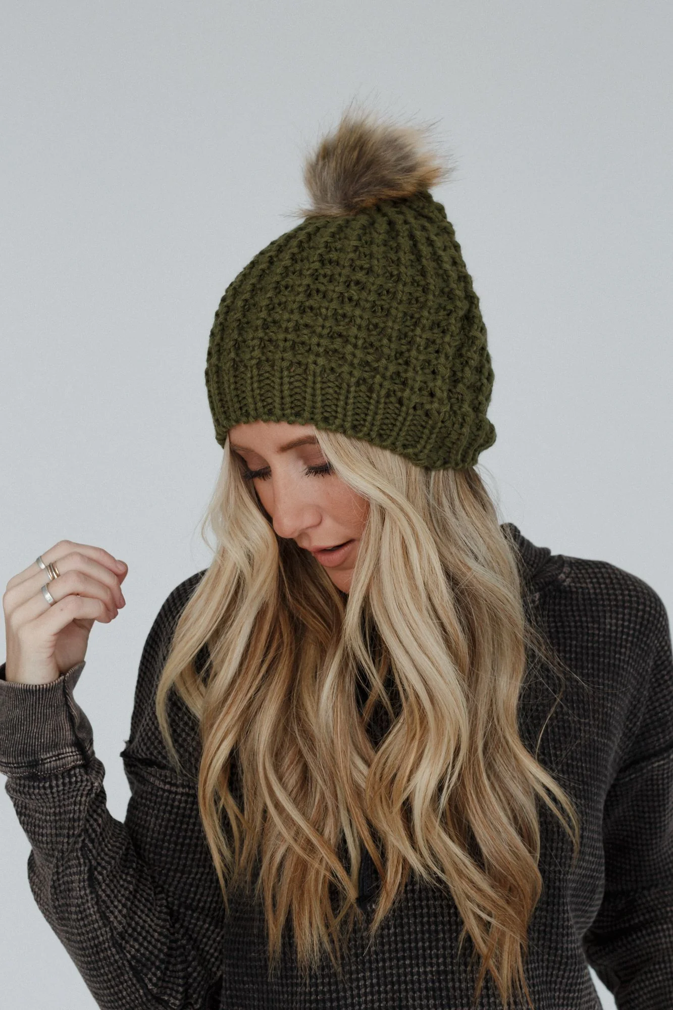 Aspen Waffle Knit Faux Fur Beanie - Olive - Image 2