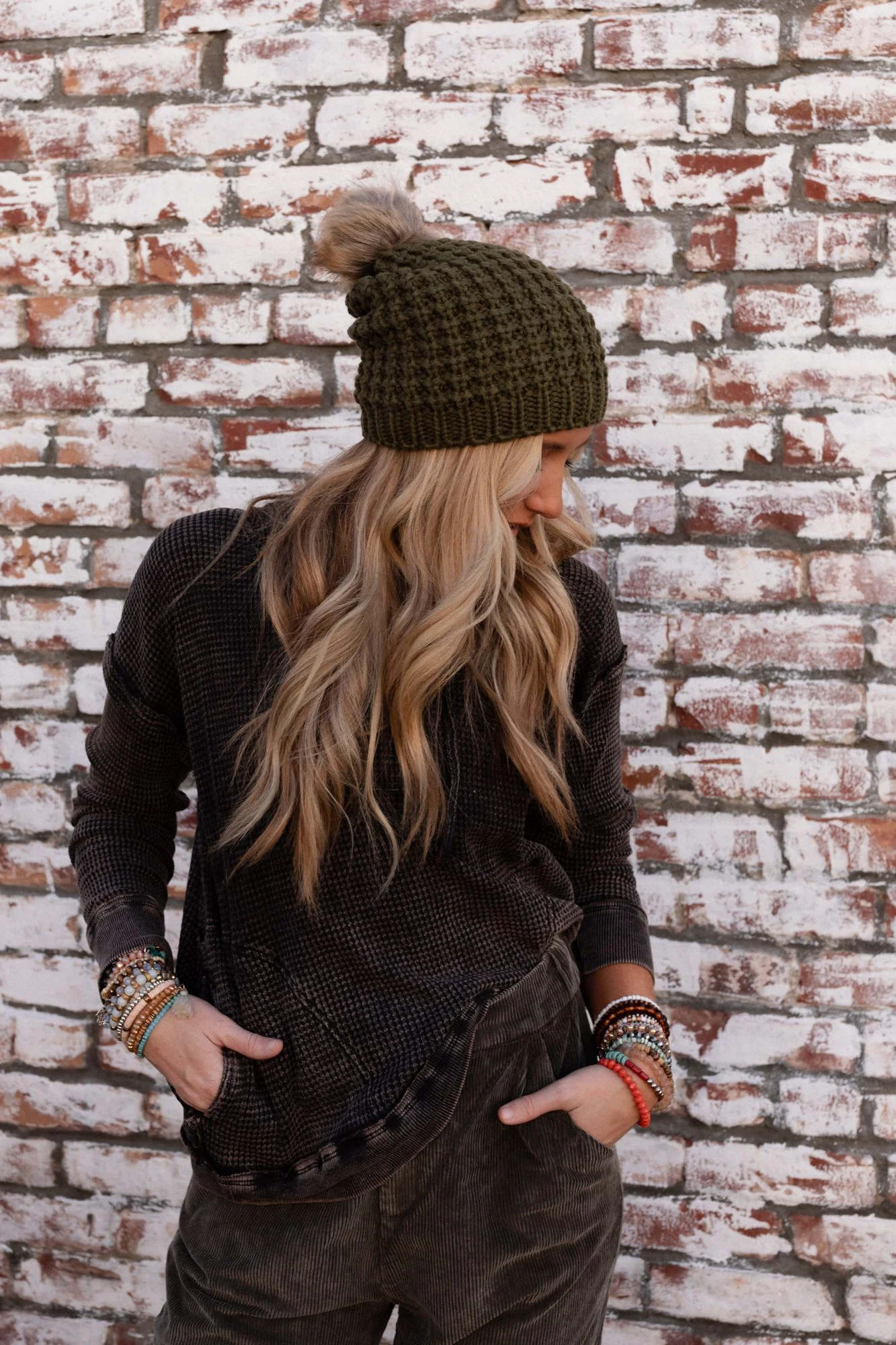 Aspen Waffle Knit Faux Fur Beanie - Olive - Image 3