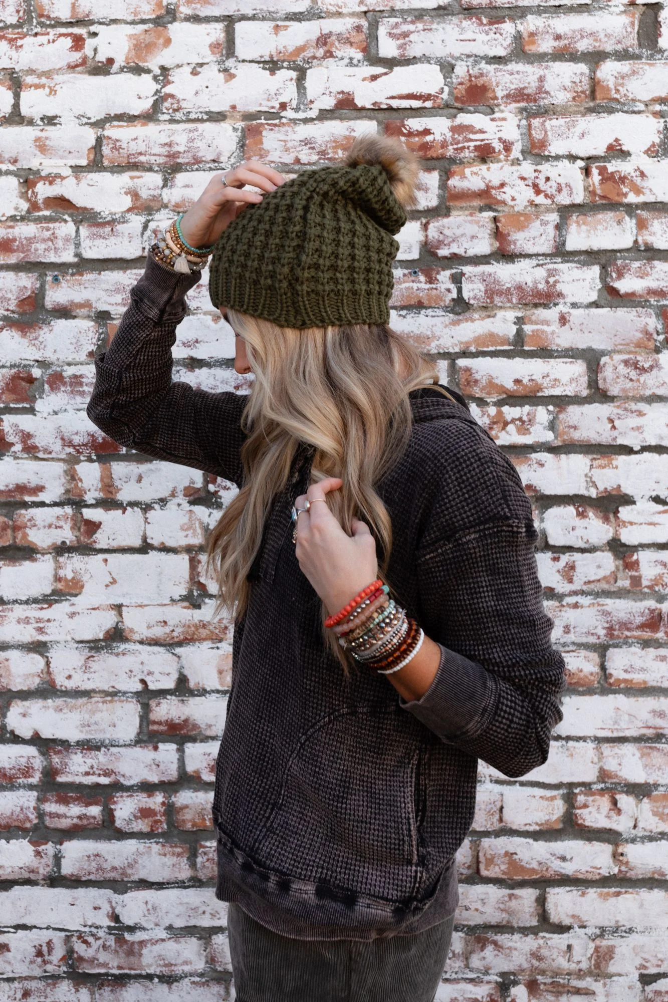Aspen Waffle Knit Faux Fur Beanie - Olive - Image 4