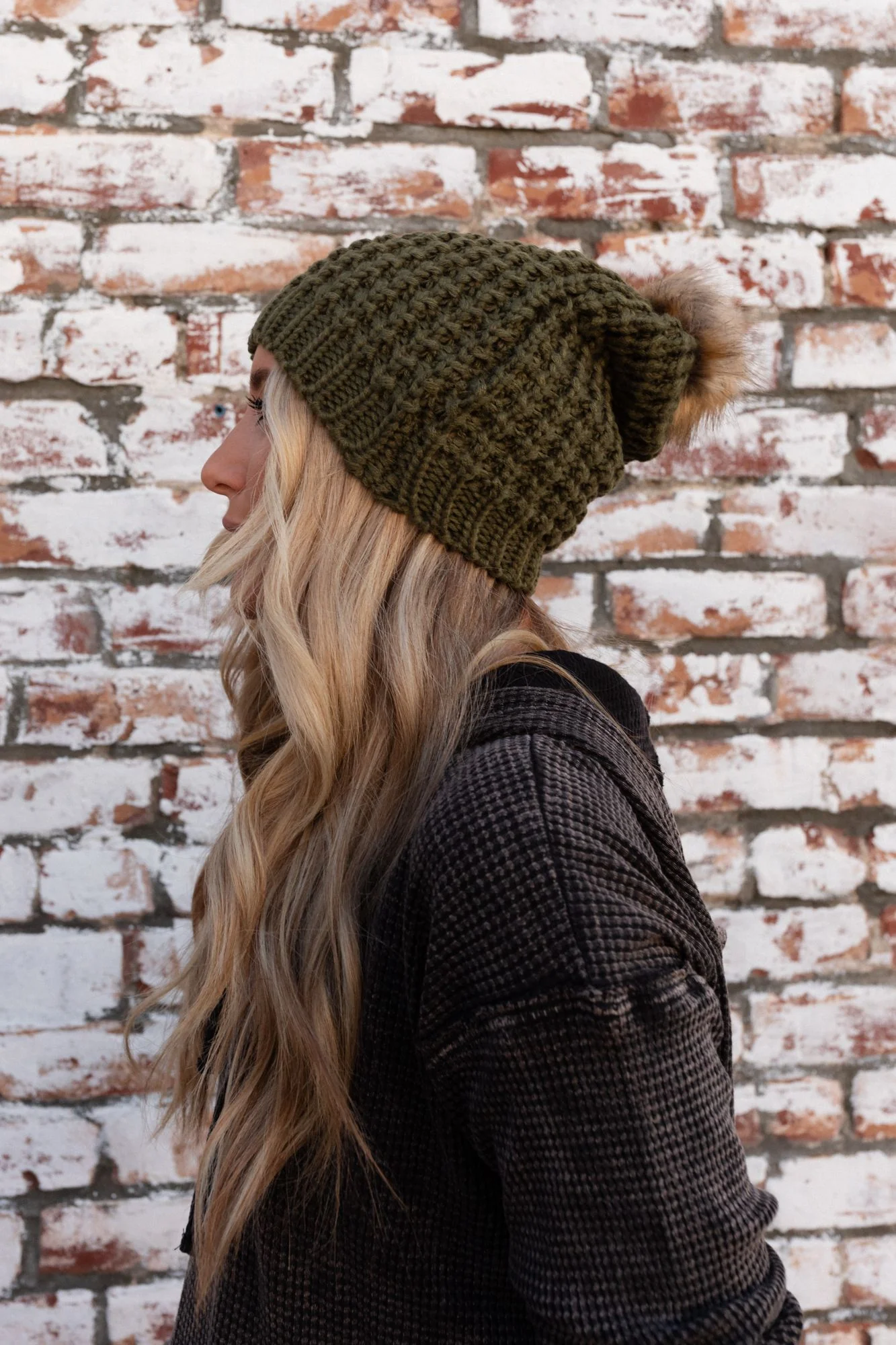 Aspen Waffle Knit Faux Fur Beanie - Olive - Image 5