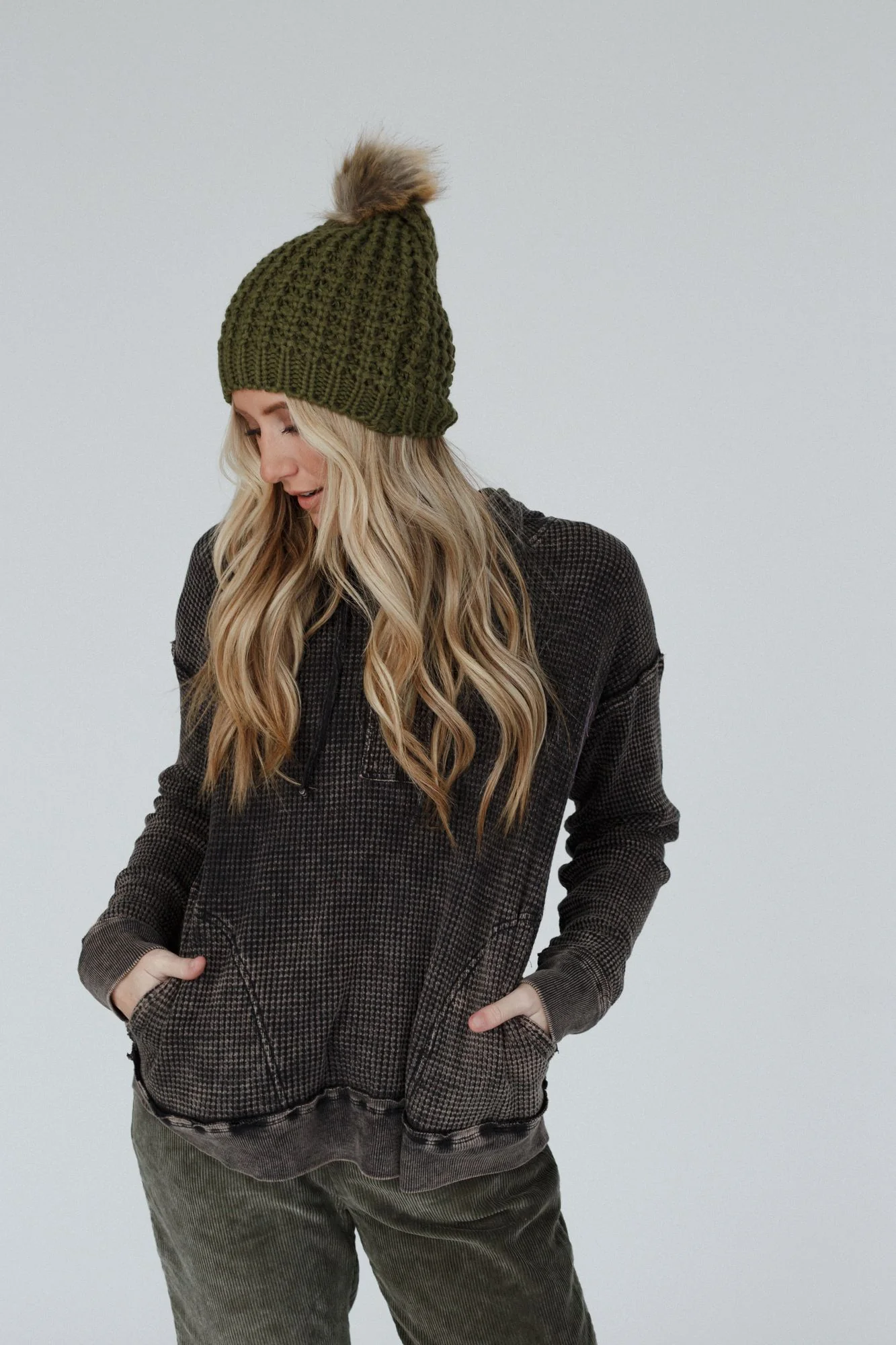 Aspen Waffle Knit Faux Fur Beanie - Olive - Image 6