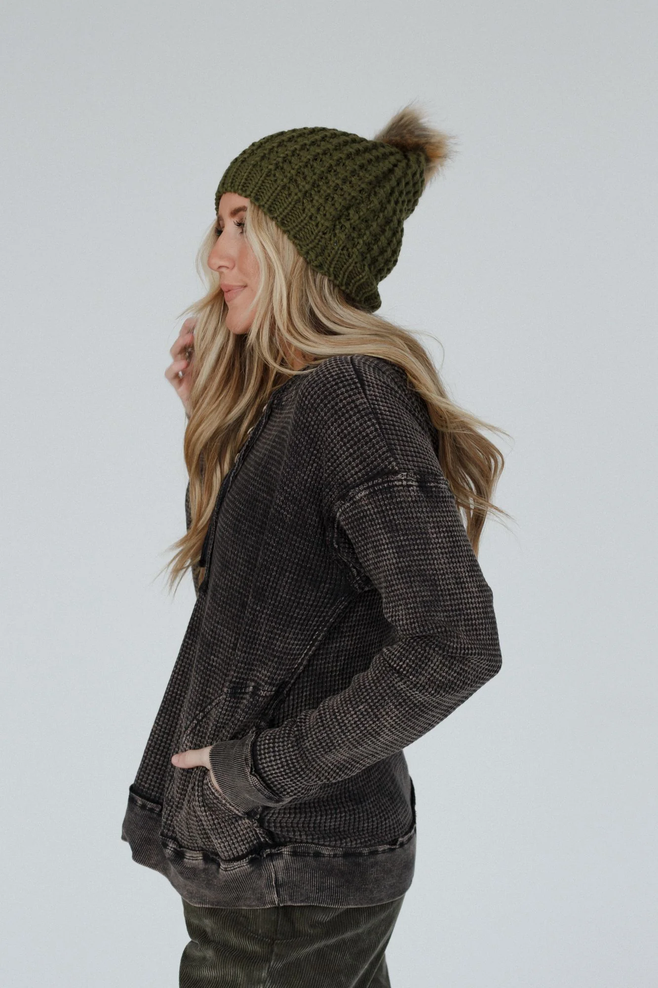 Aspen Waffle Knit Faux Fur Beanie - Olive - Image 7