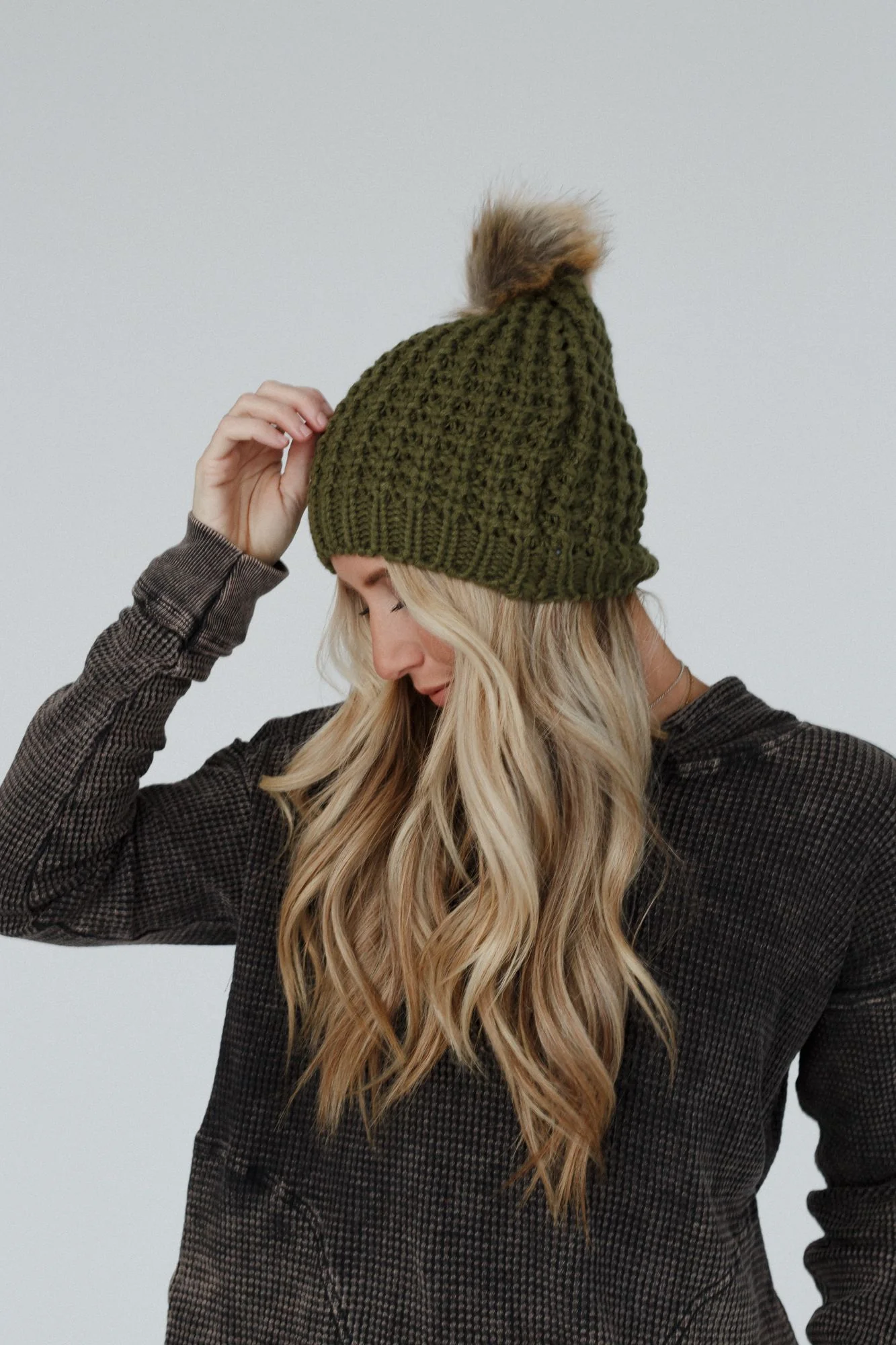 Aspen Waffle Knit Faux Fur Beanie - Olive - Image 8