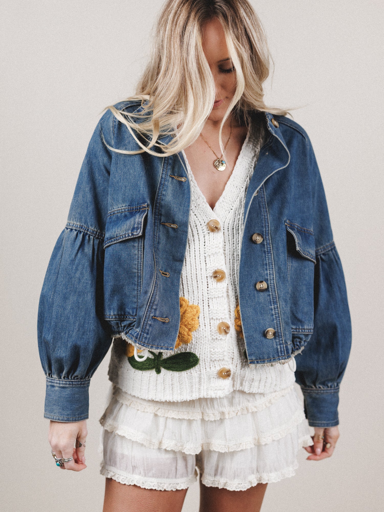 Balloon Sleeve Button Down Jacket - Denim - Image 7