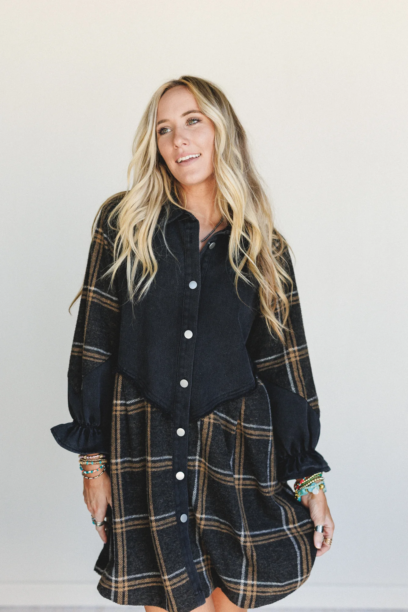 Beau Plaid Button Front Dress - Black - Image 6