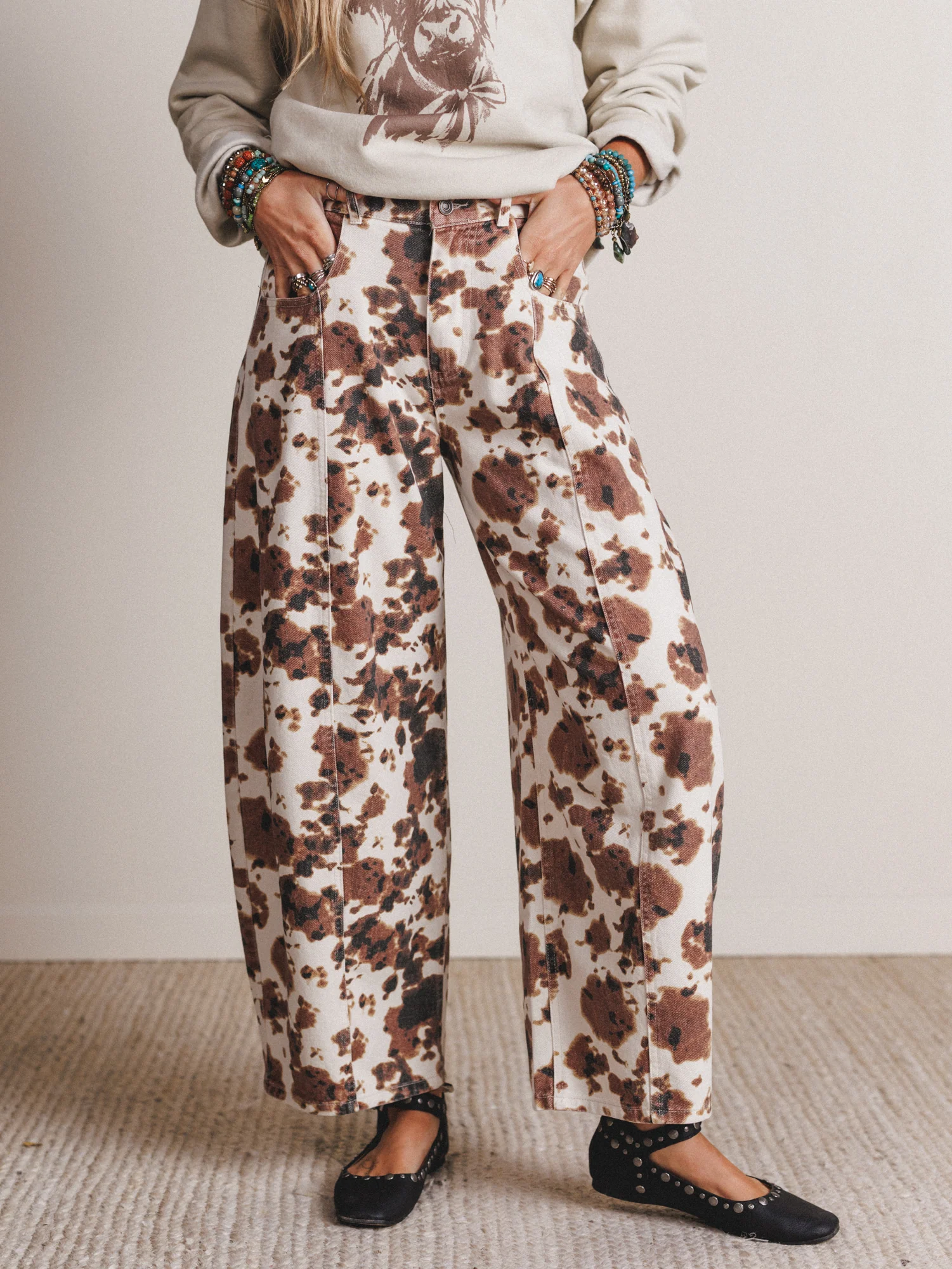 Belle Cow Print Barrel Jeans - Brown - Pre Order