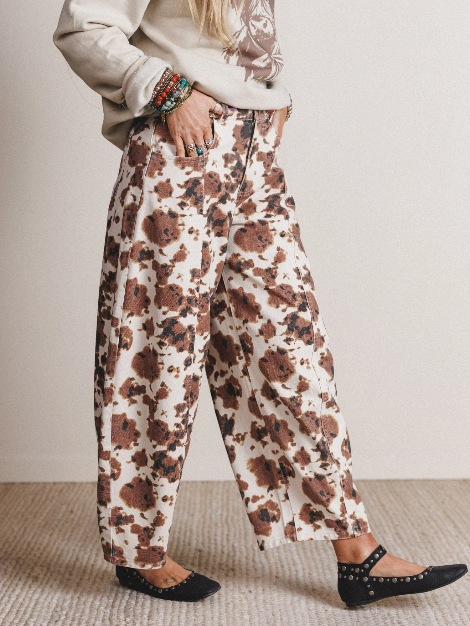 Belle Cow Print Barrel Jeans - Brown - Pre Order - Image 2