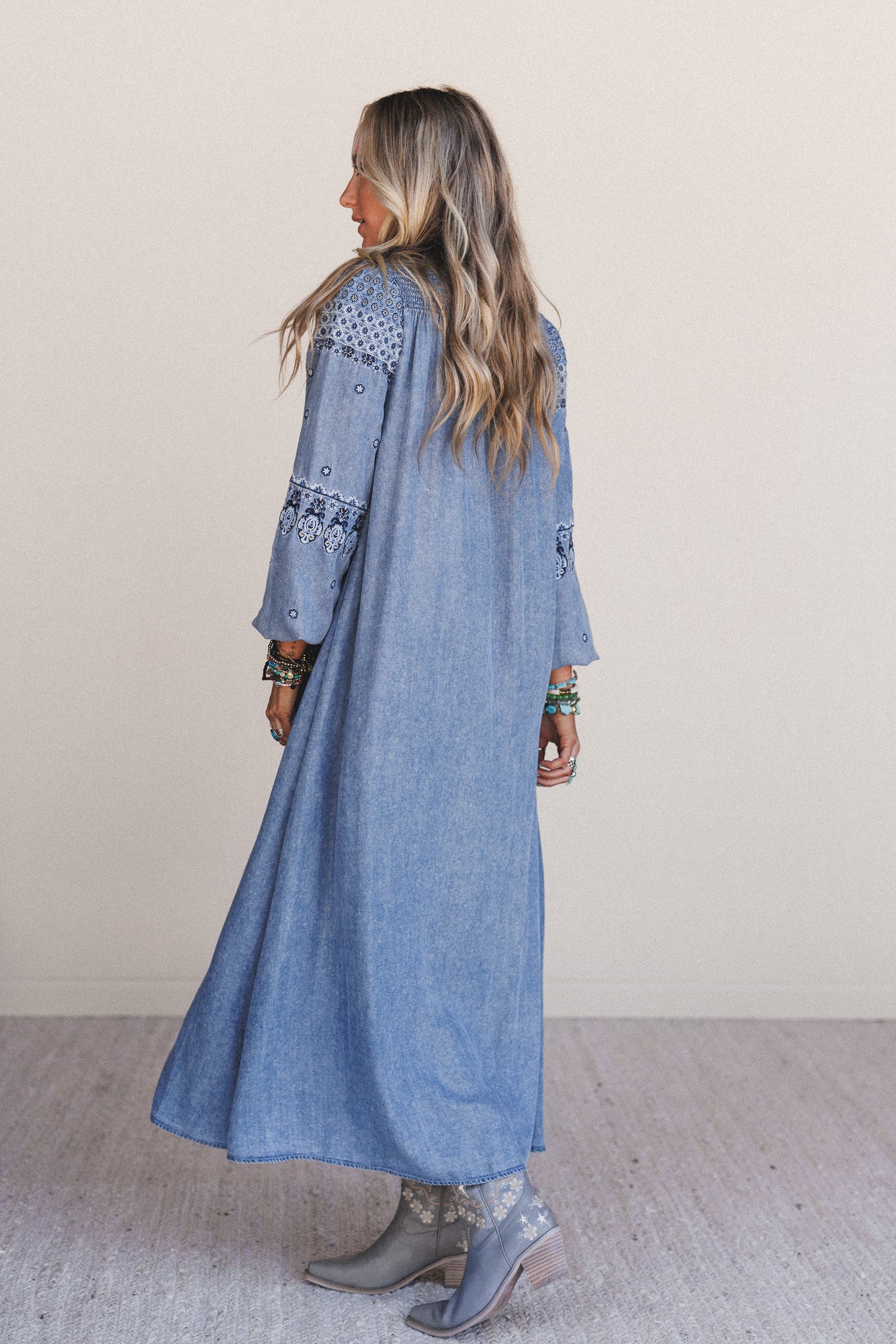 Bluegrass Button Embroidered Maxi Dress - Light Wash - Image 4