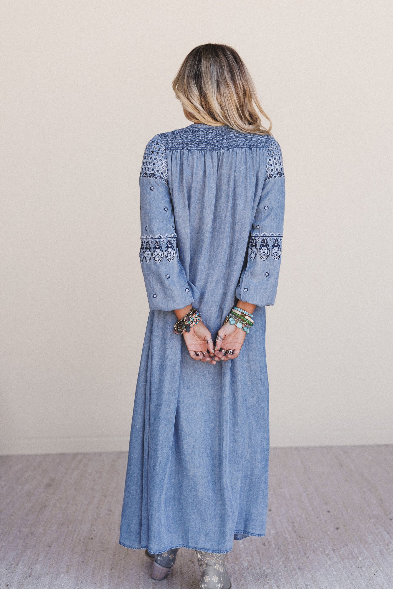 Bluegrass Button Embroidered Maxi Dress - Light Wash - Image 5