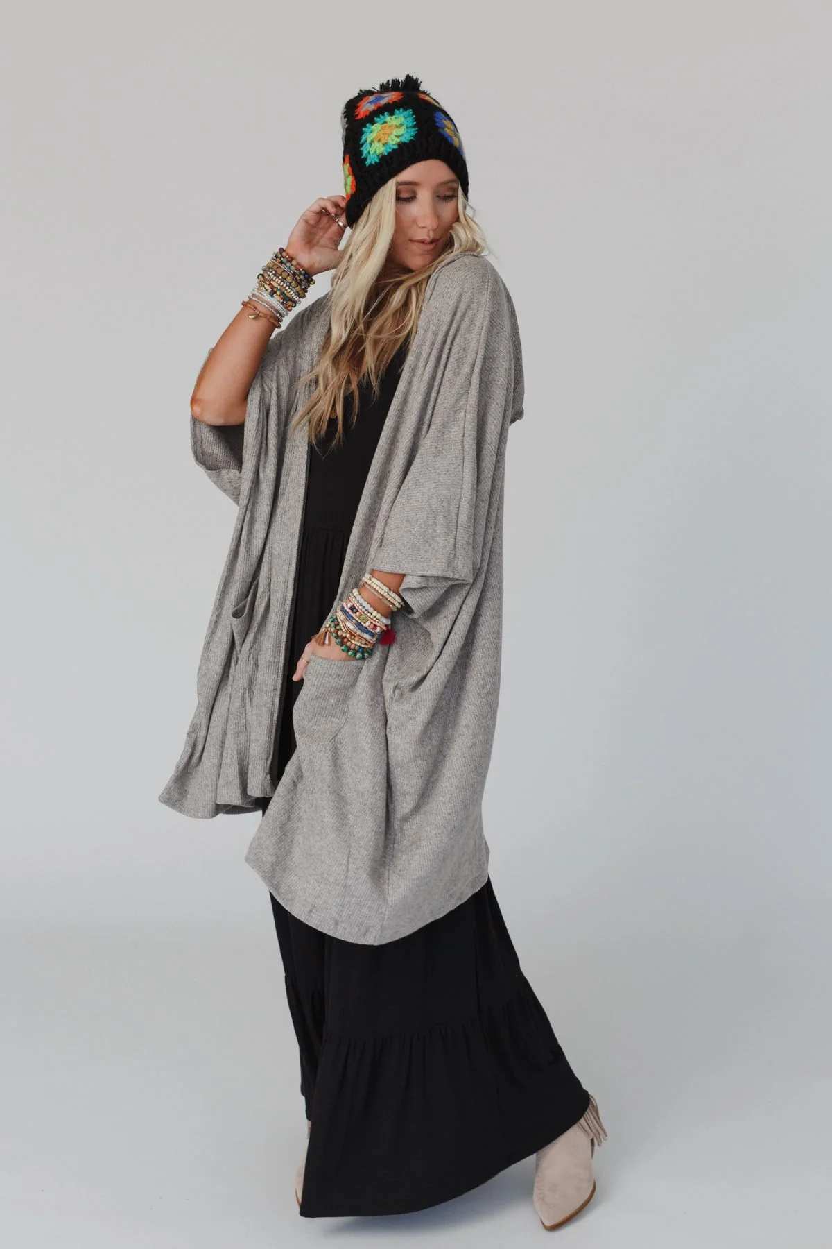 The Nest Boho Essential Hooded Ribbed Sweater - Oatmeal - Image 2