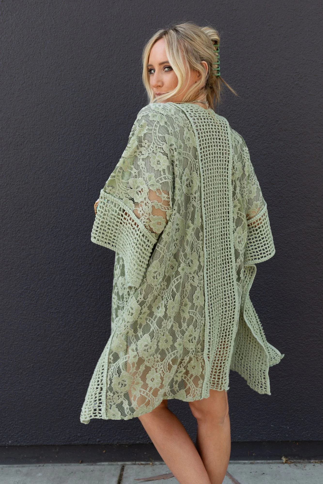 Breezy Floral Lace Kimono - Sage - Image 2