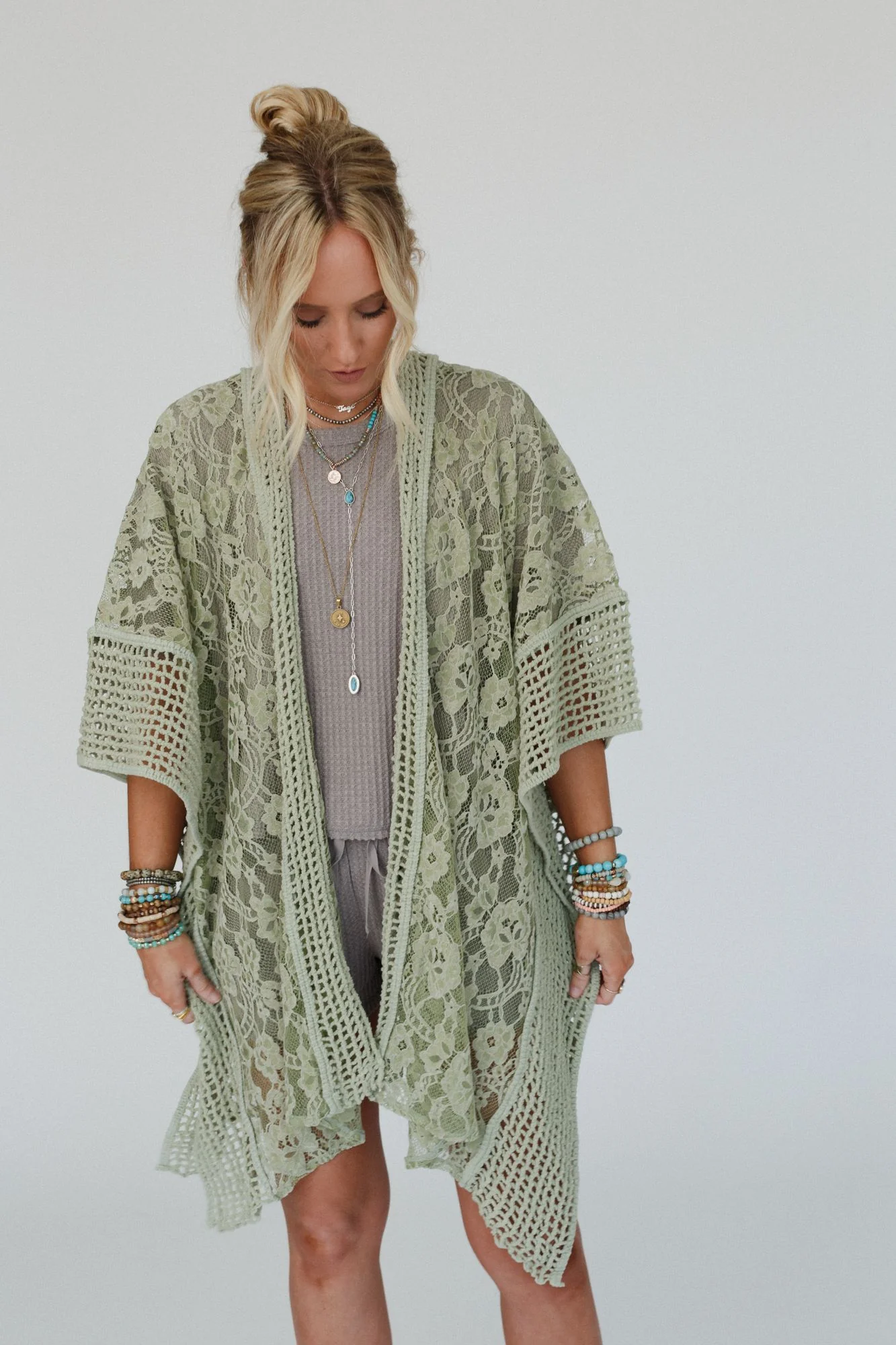 Breezy Floral Lace Kimono - Sage - Image 5