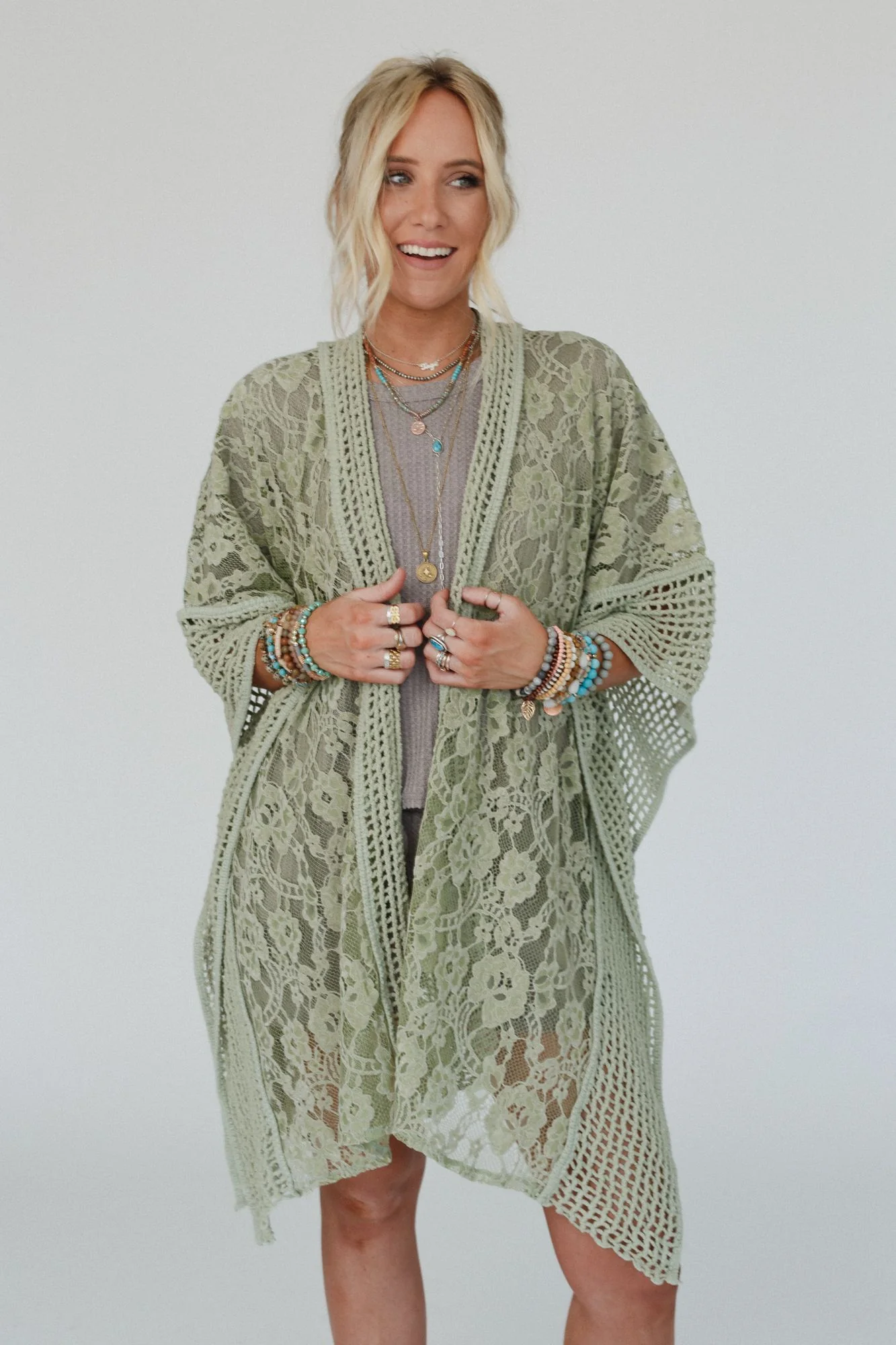 Breezy Floral Lace Kimono - Sage - Image 6