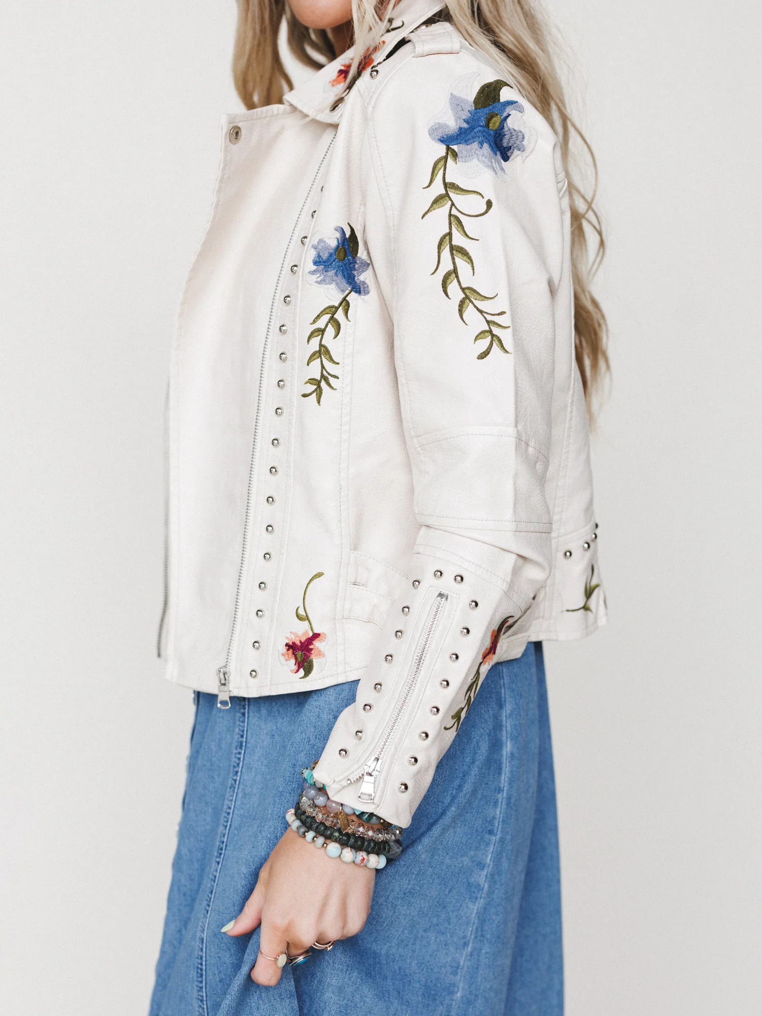 Brooklyn Embroidered Studded Jacket - Beige - Image 3