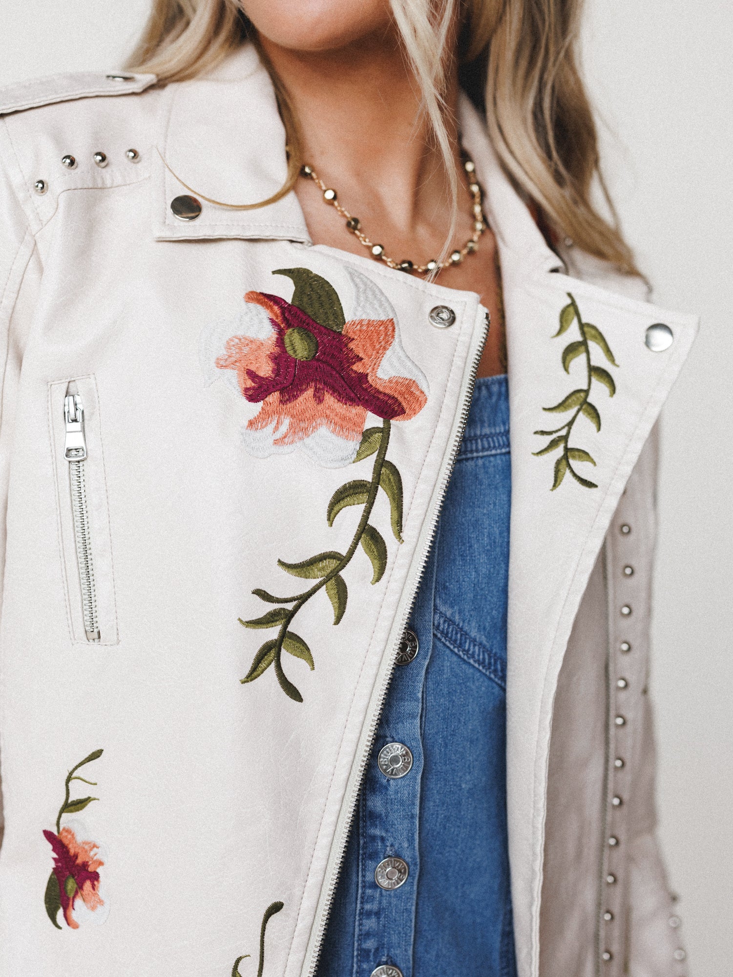 Brooklyn Embroidered Studded Jacket - Beige - Image 4