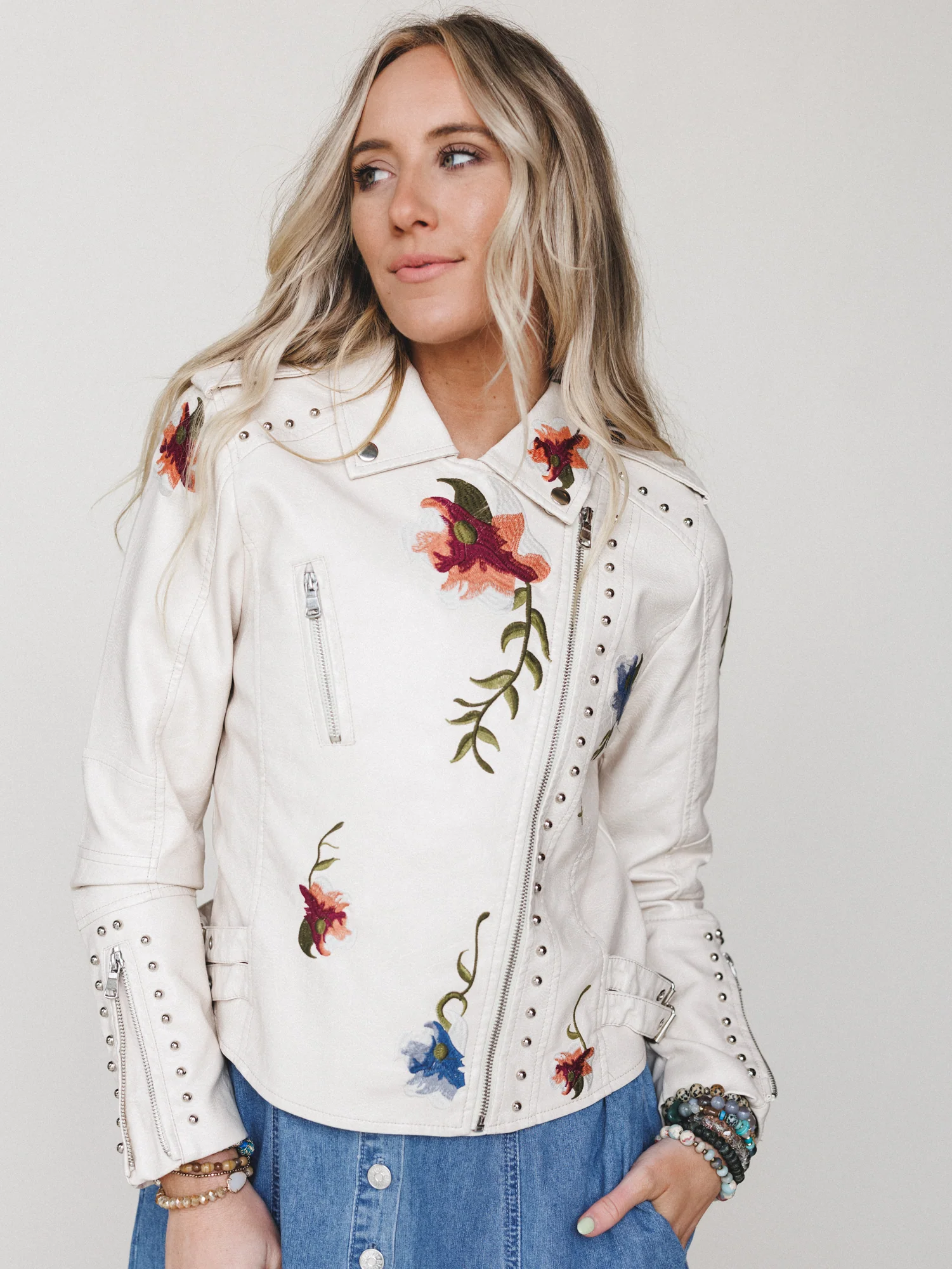 Brooklyn Embroidered Studded Jacket - Beige - Image 7