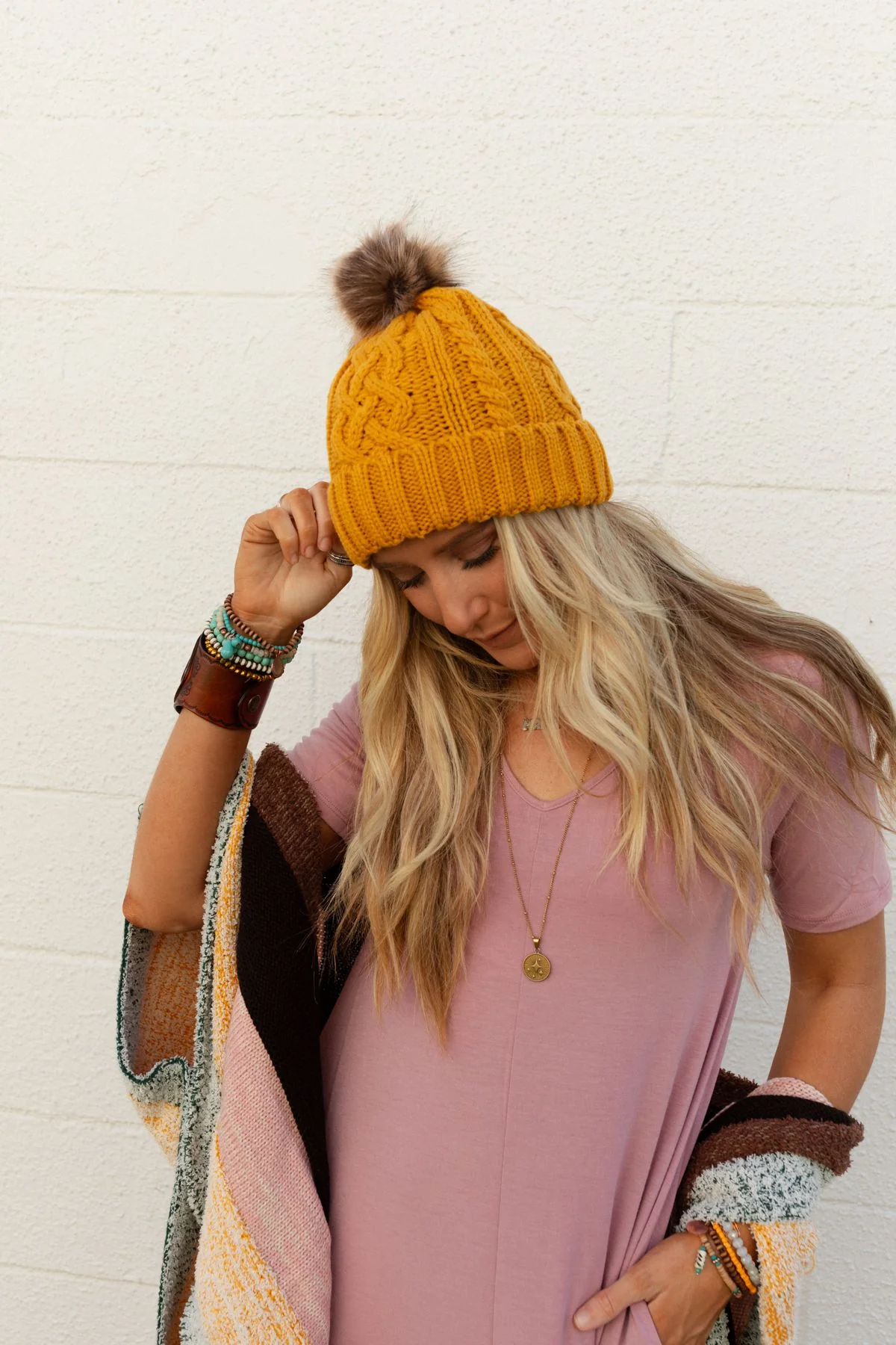 Cable Knit Faux Fur Pom Beanie - Mustard - Image 8