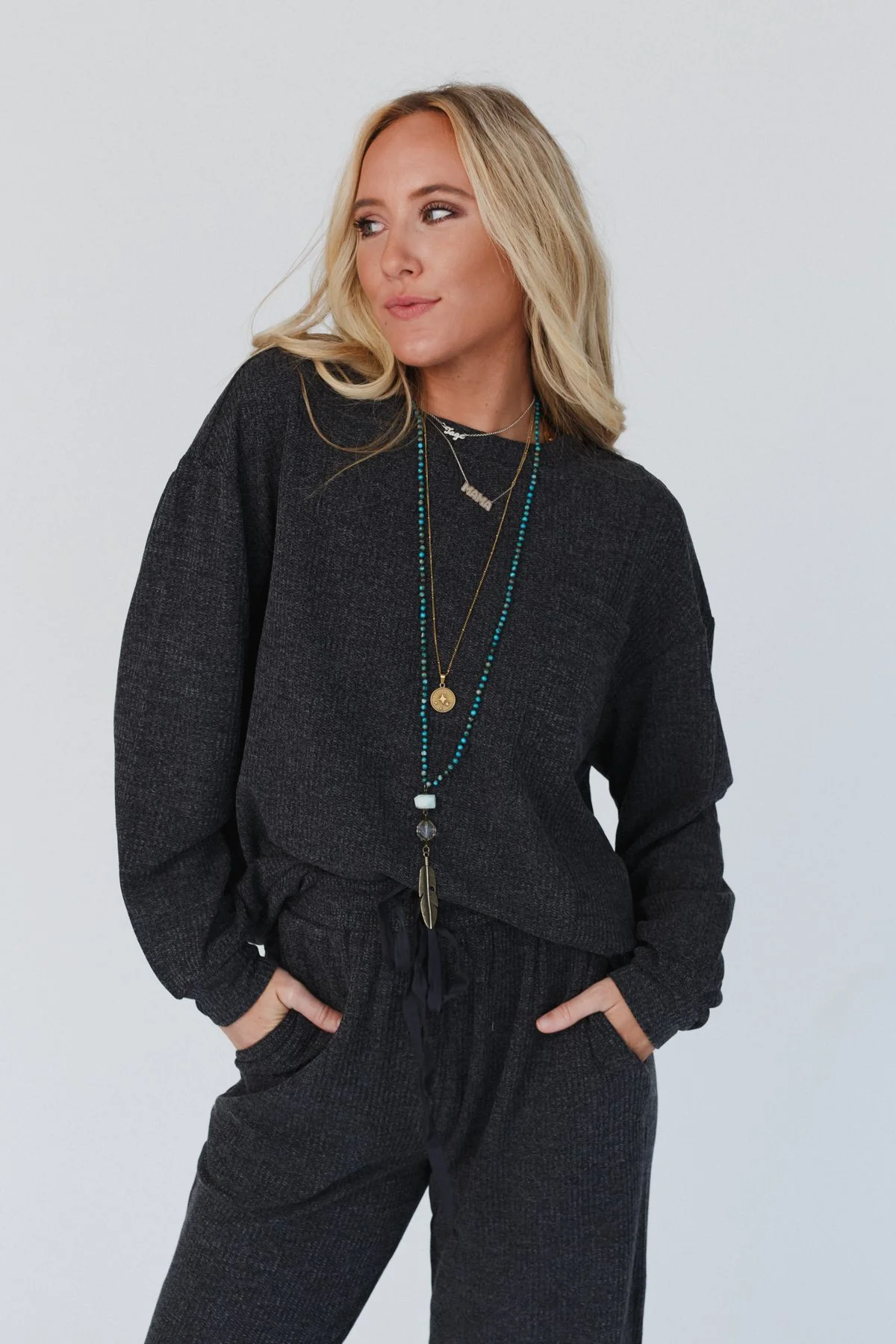 Calling The Shots Waffle Knit Set - Charcoal - Image 5