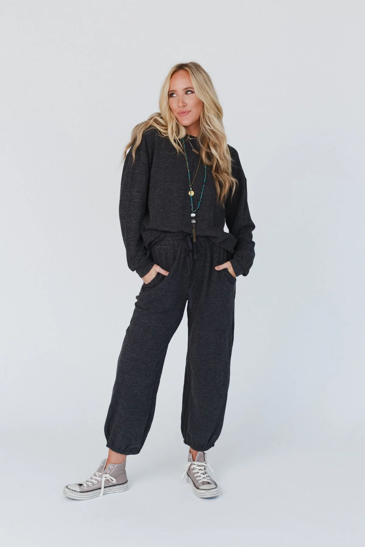 Calling The Shots Waffle Knit Set - Charcoal - Image 6