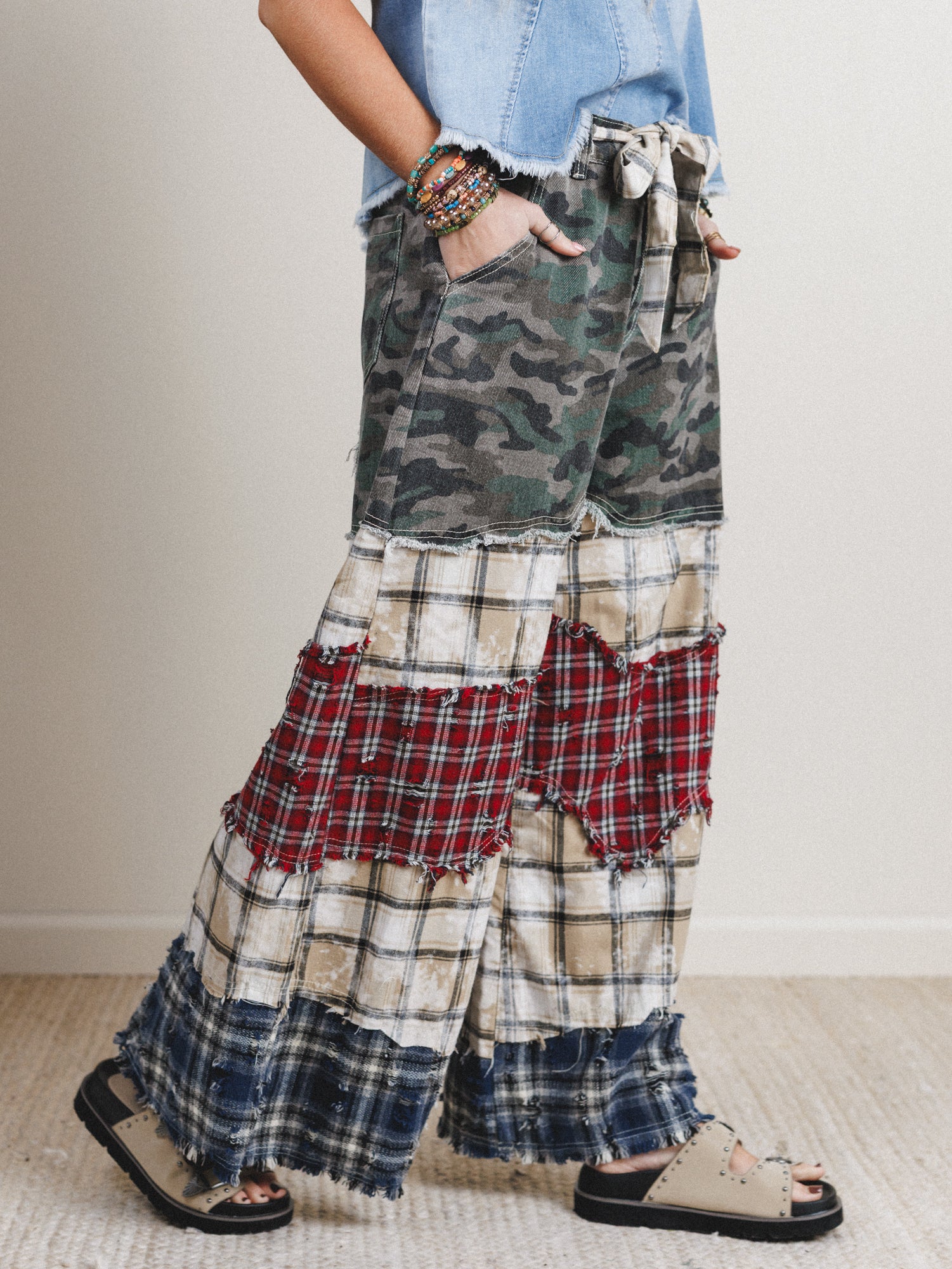 Camo Meets Plaid Wide Leg Pants - Camo Multi - Pre Order - Image 2