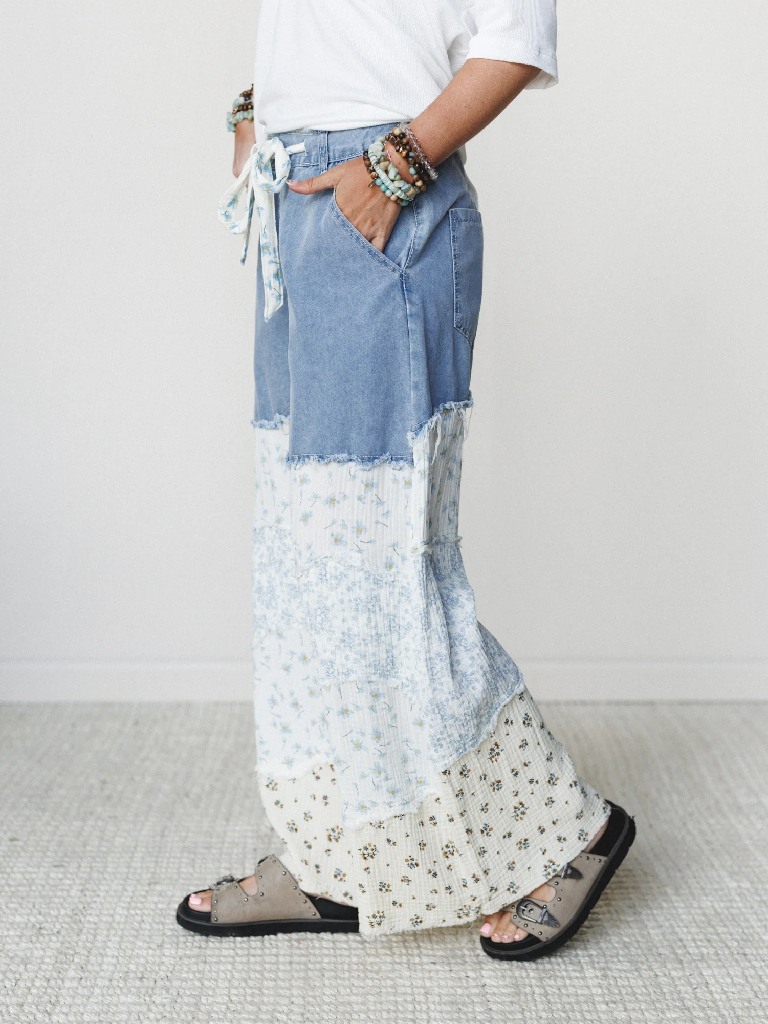 Camo Meets Plaid Wide Leg Pants - Light Denim Multi - Image 2