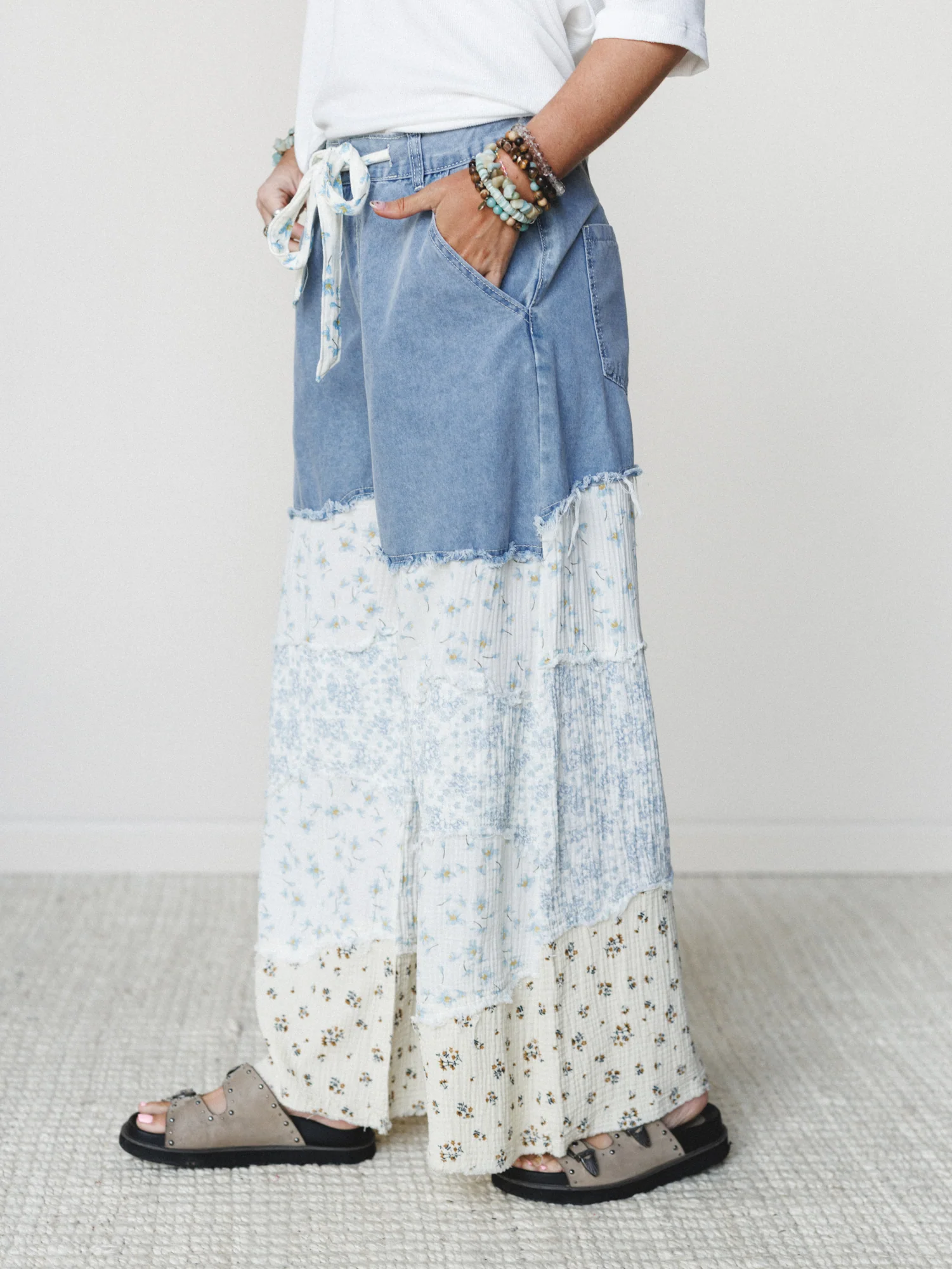Camo Meets Plaid Wide Leg Pants - Light Denim Multi - Image 3