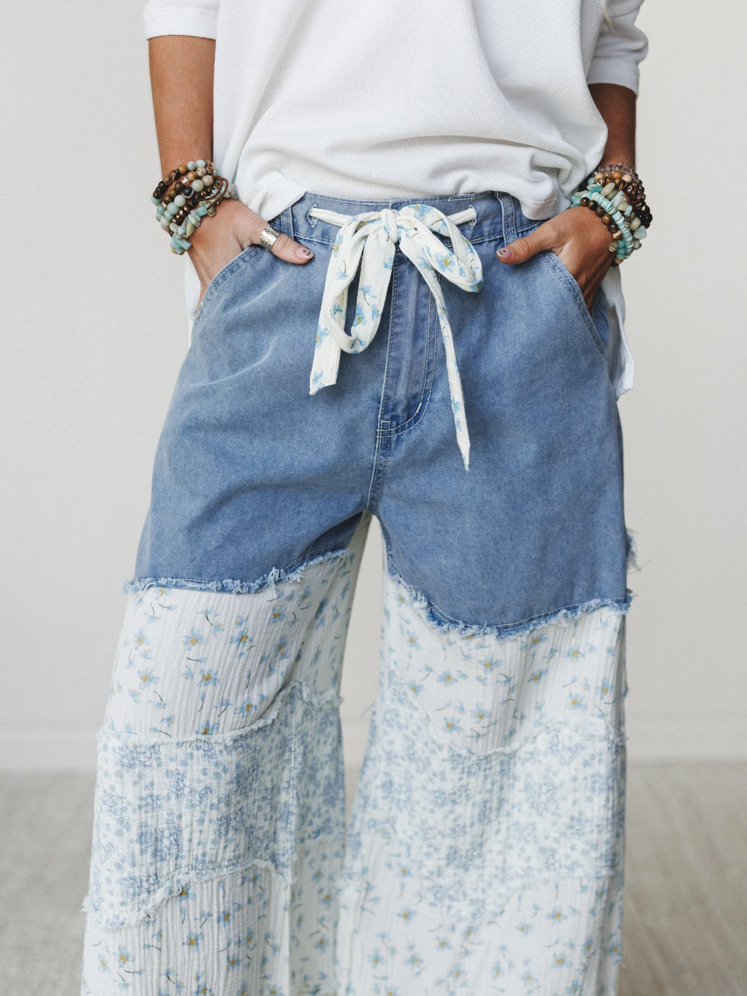 Camo Meets Plaid Wide Leg Pants - Light Denim Multi - Image 5