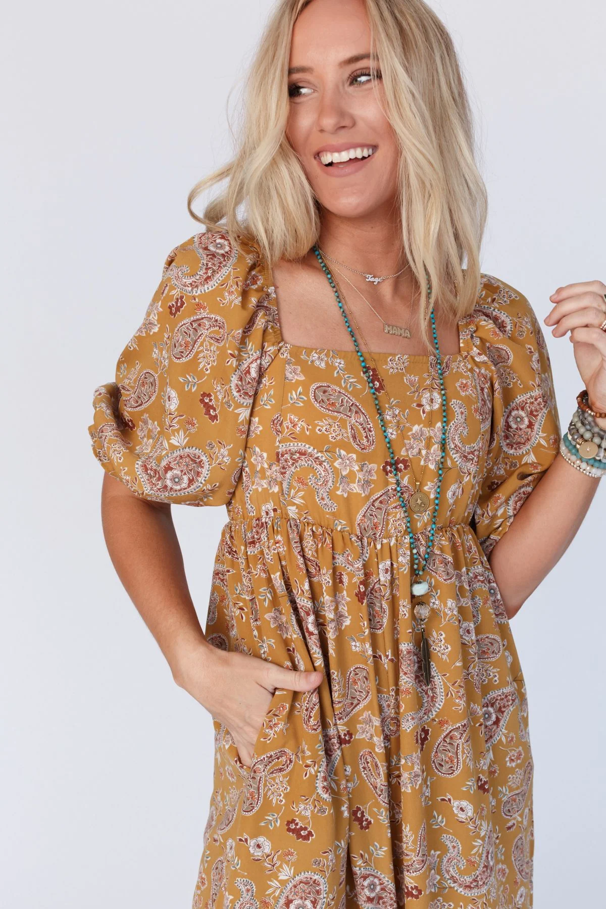 The Nest Charlotte Printed Wide Leg Jumpsuit - Mustard Paisley - Image 3