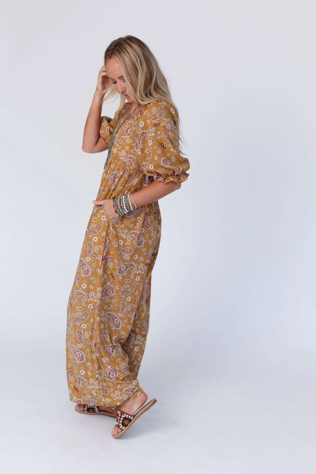 The Nest Charlotte Printed Wide Leg Jumpsuit - Mustard Paisley - Image 6