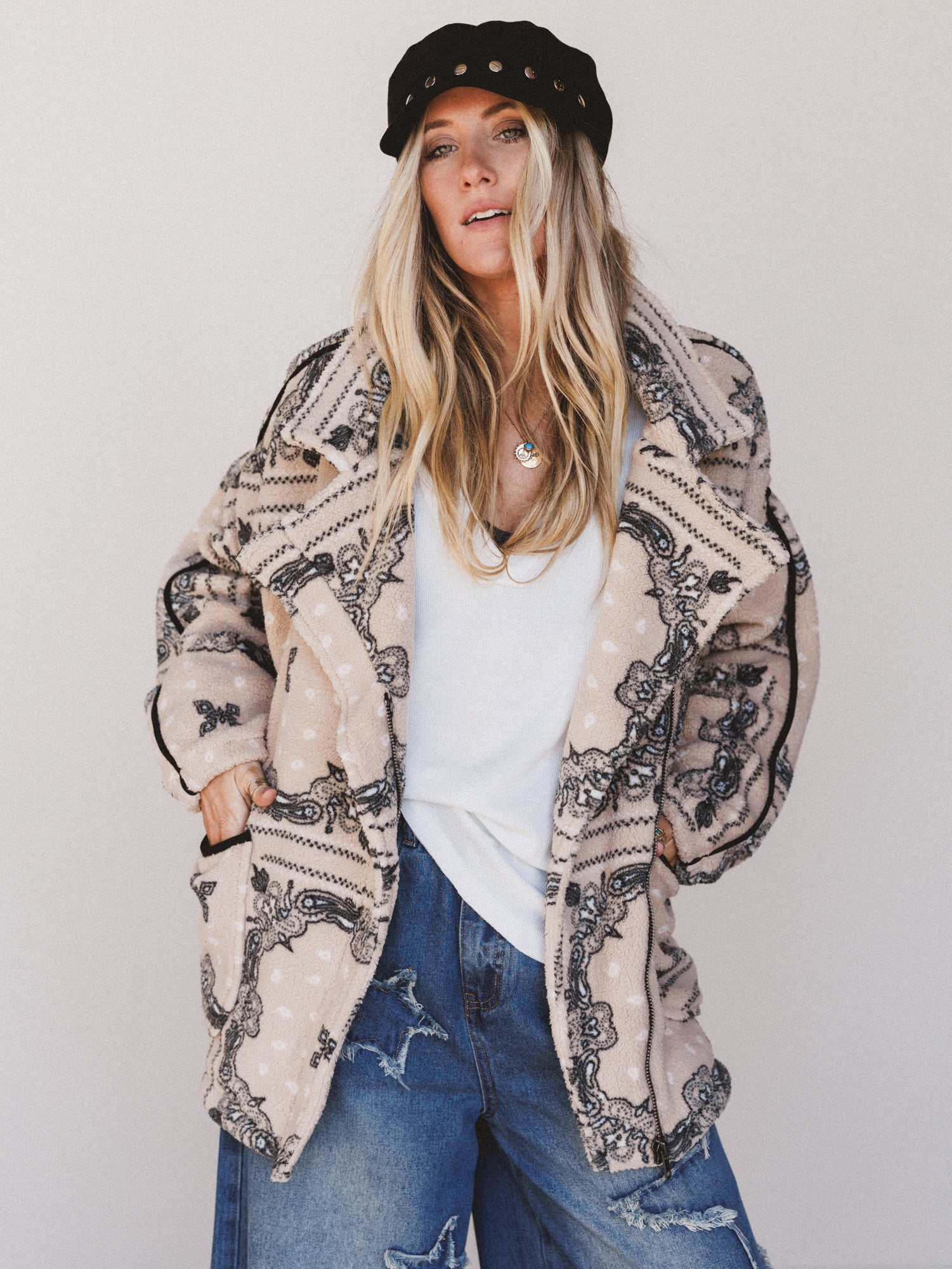 Charmed Affair Printed Fleece Jacket - Sand - Image 3