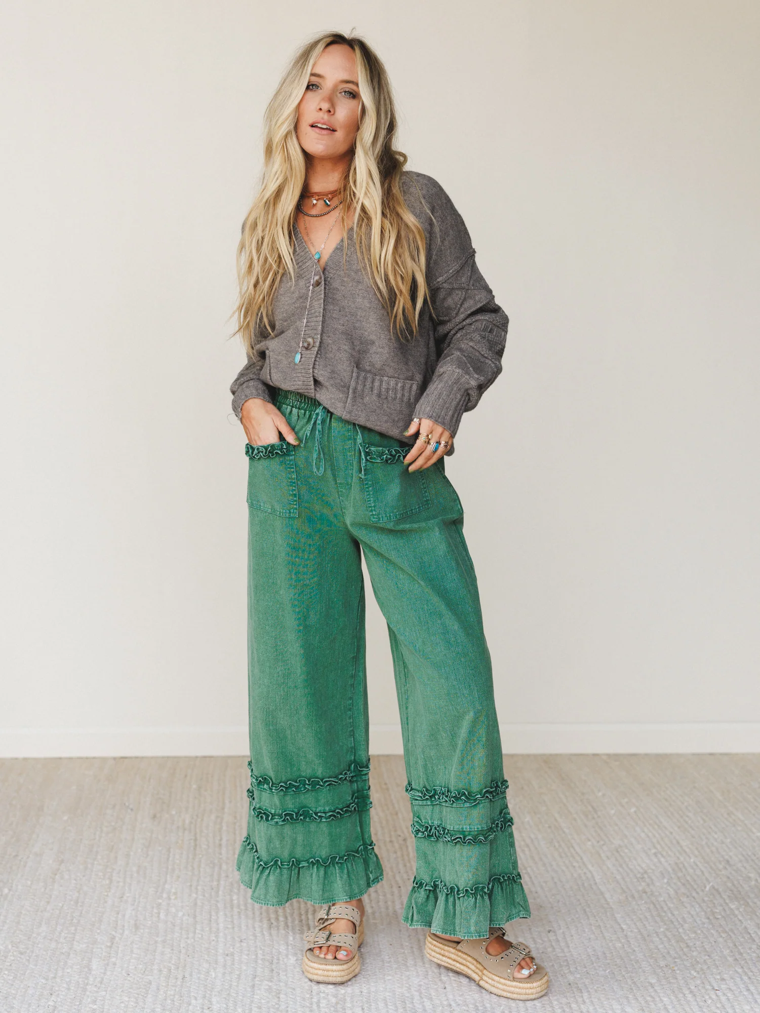 Chase The Horizon Ruffle Pants - Green - Image 6