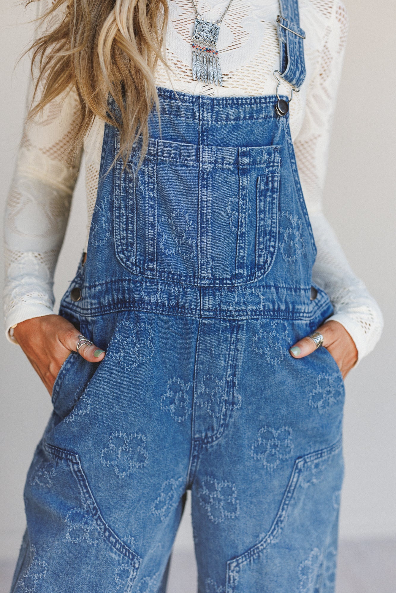 Chasing Horizons Flower Pattern Overalls - Washed Denim - Image 2