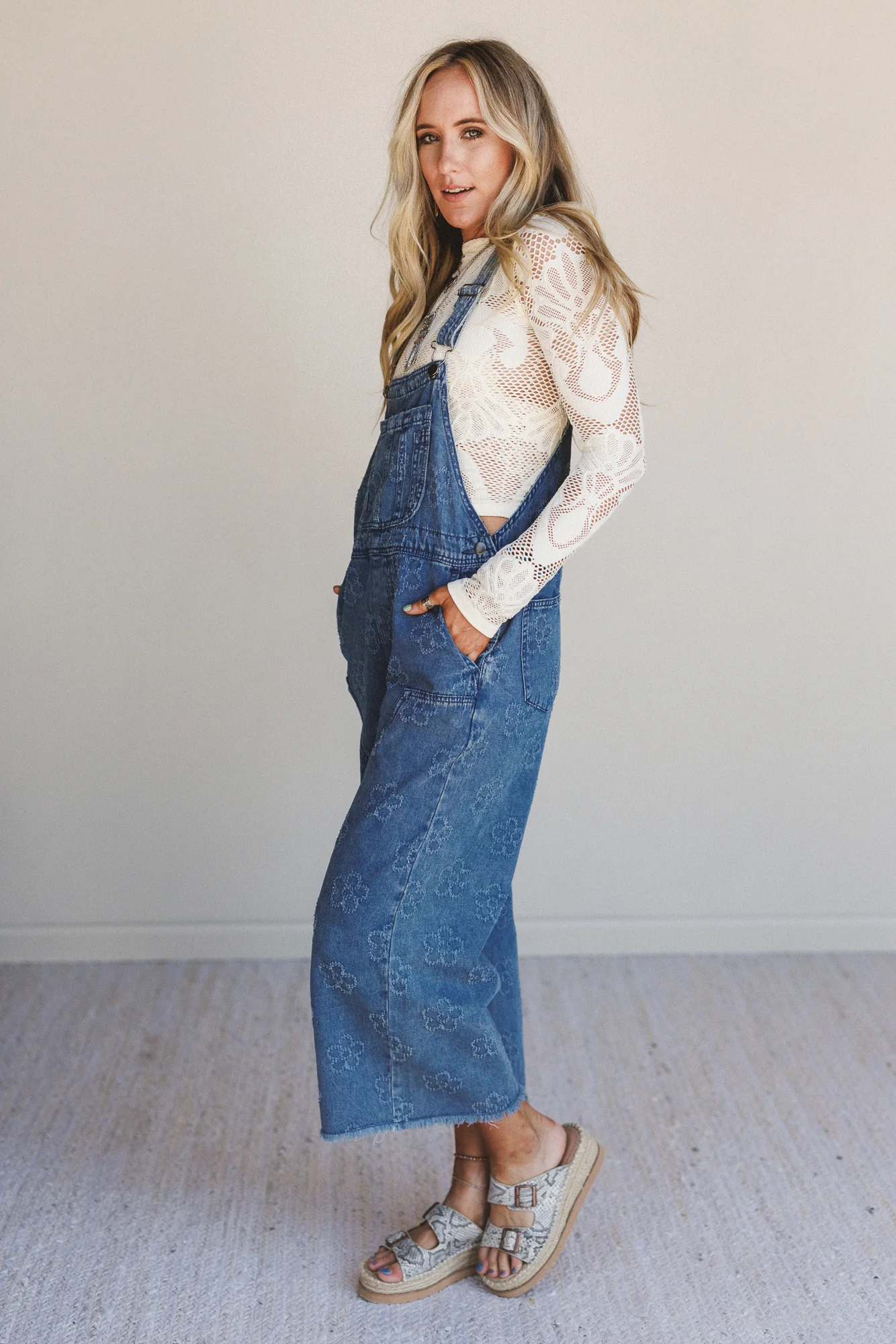 Chasing Horizons Flower Pattern Overalls - Washed Denim - Image 3