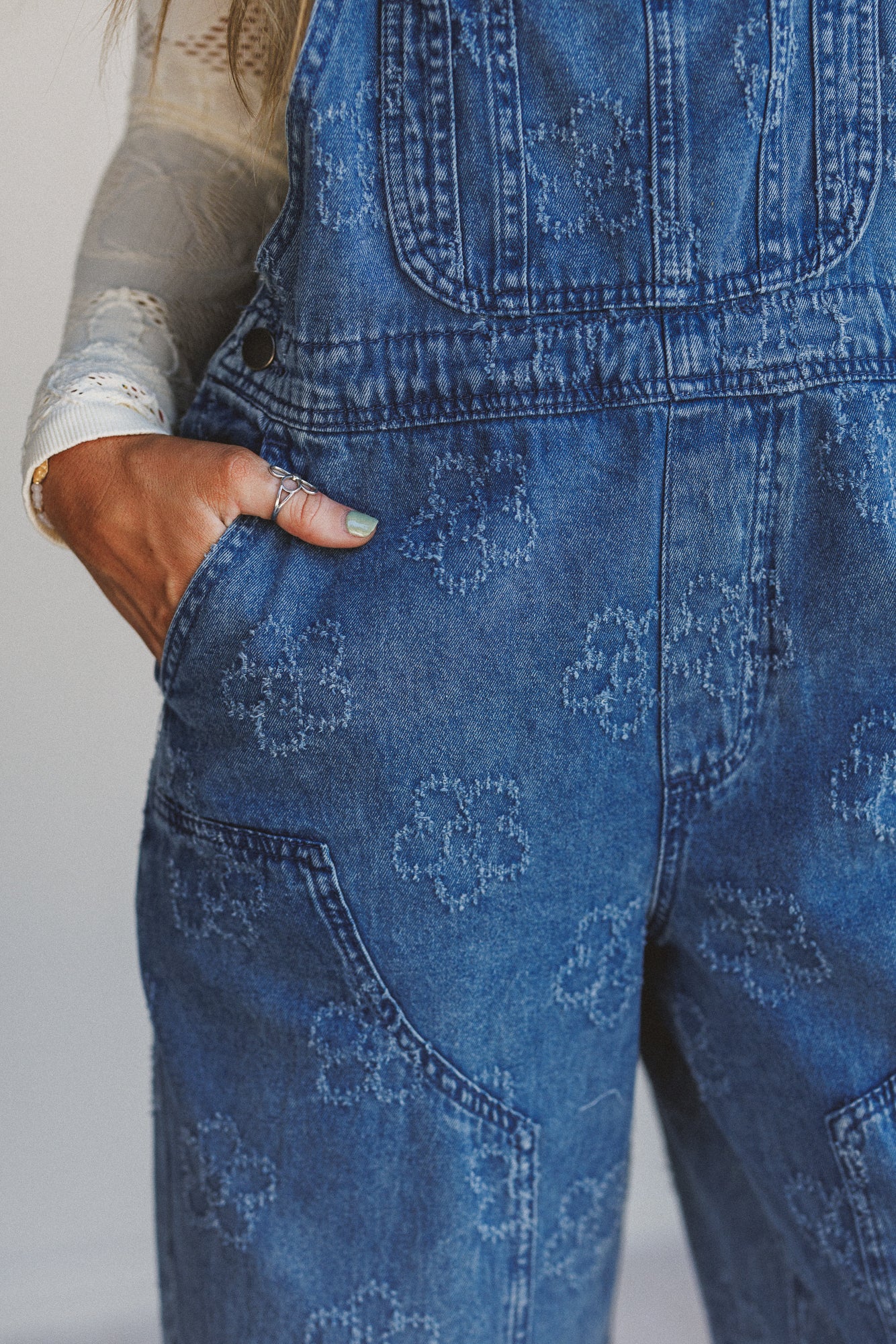 Chasing Horizons Flower Pattern Overalls - Washed Denim - Image 4
