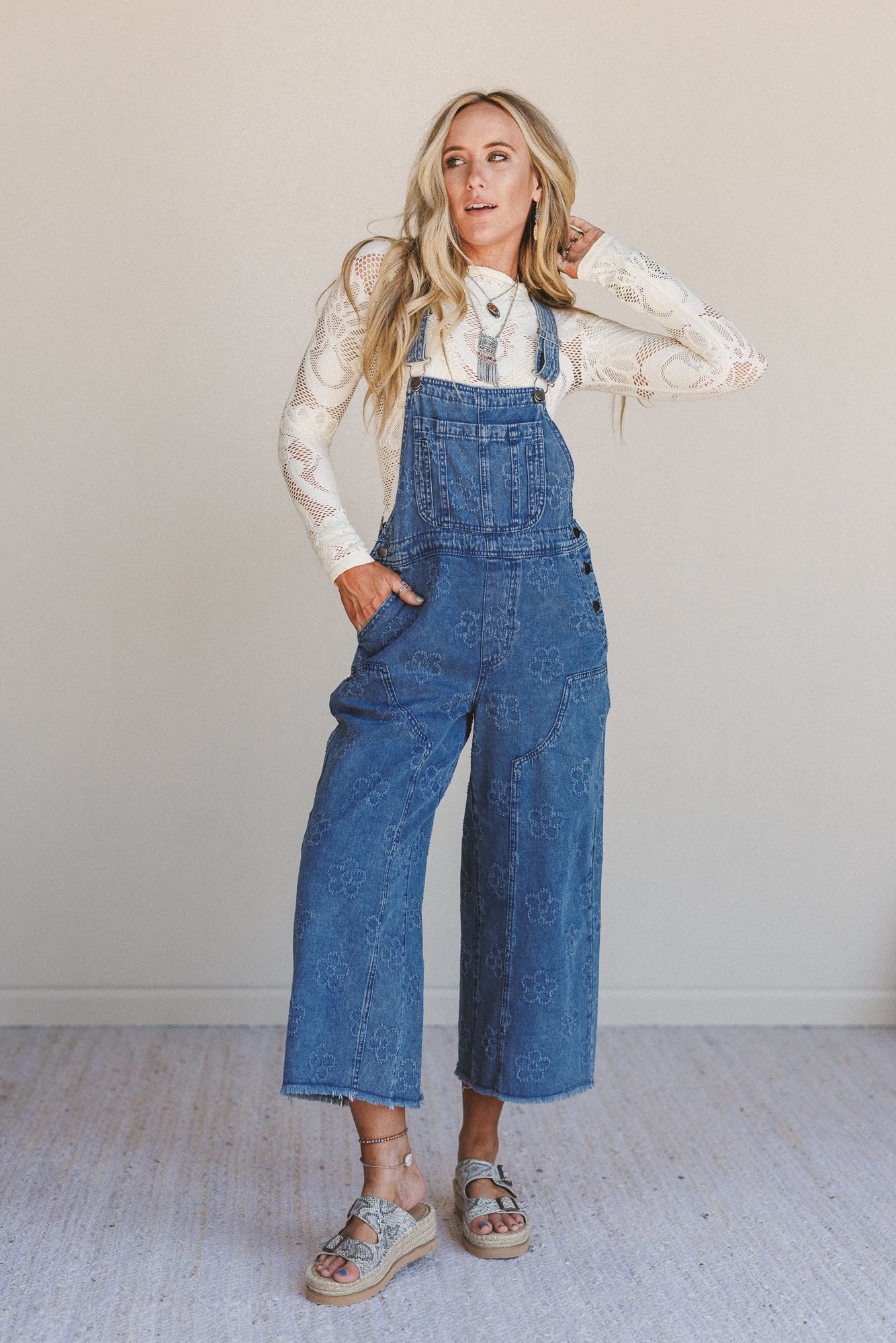Chasing Horizons Flower Pattern Overalls - Washed Denim - Image 5