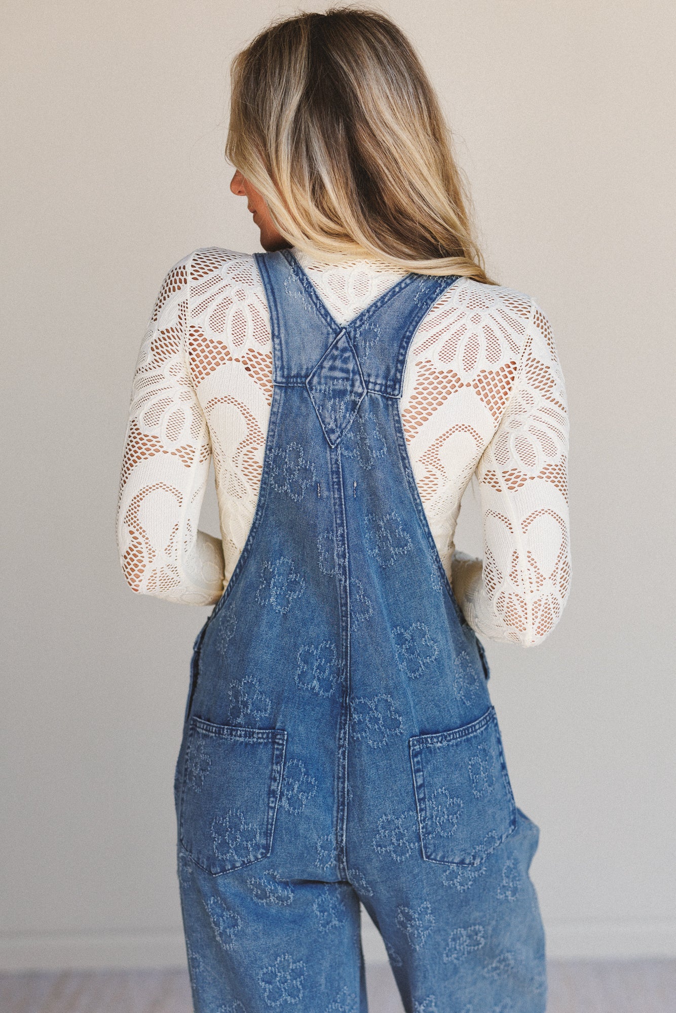 Chasing Horizons Flower Pattern Overalls - Washed Denim - Image 6