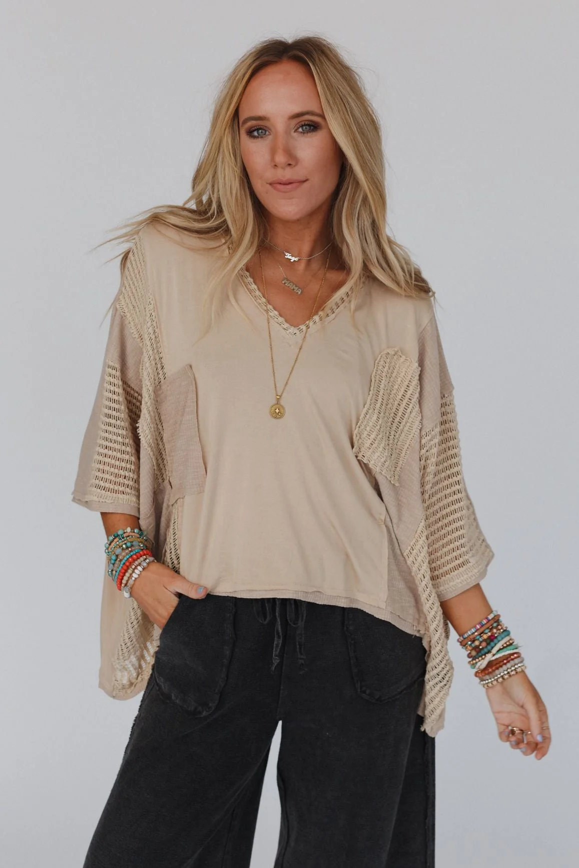City Drifter Oversized Contrast Top - Taupe - Image 7
