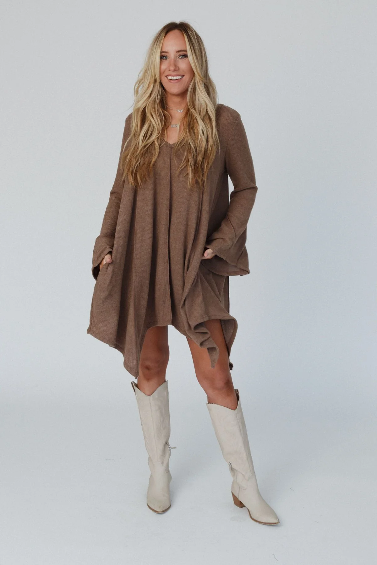The Nest Golden Hour Long Bell Sleeve Tunic Dress - Mocha - Image 2