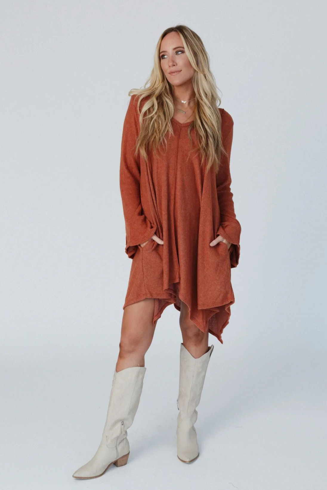 The Nest Golden Hour Long Bell Sleeve Tunic Dress - Rust - Image 3