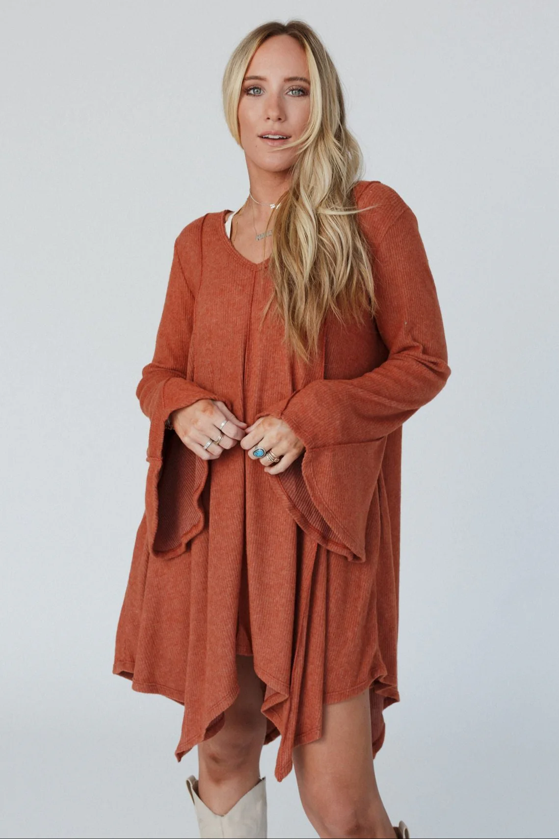 The Nest Golden Hour Long Bell Sleeve Tunic Dress - Rust - Image 4