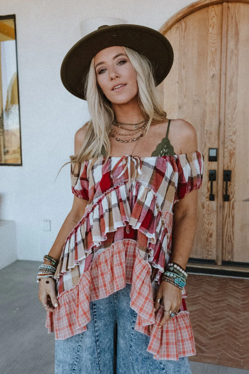Clover Stitch Plaid Top - Pink - Image 6
