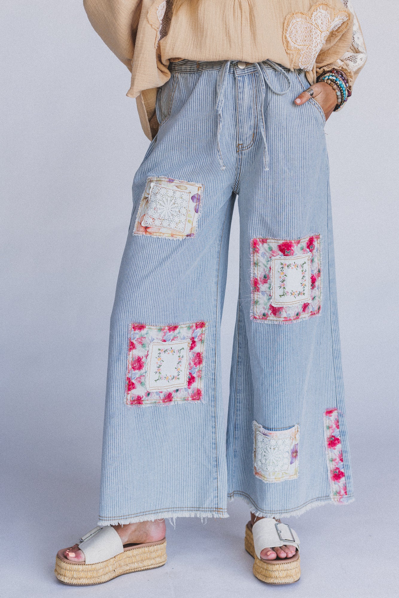 Coastal Lines Striped Patchwork Pants - Denim - Image 6