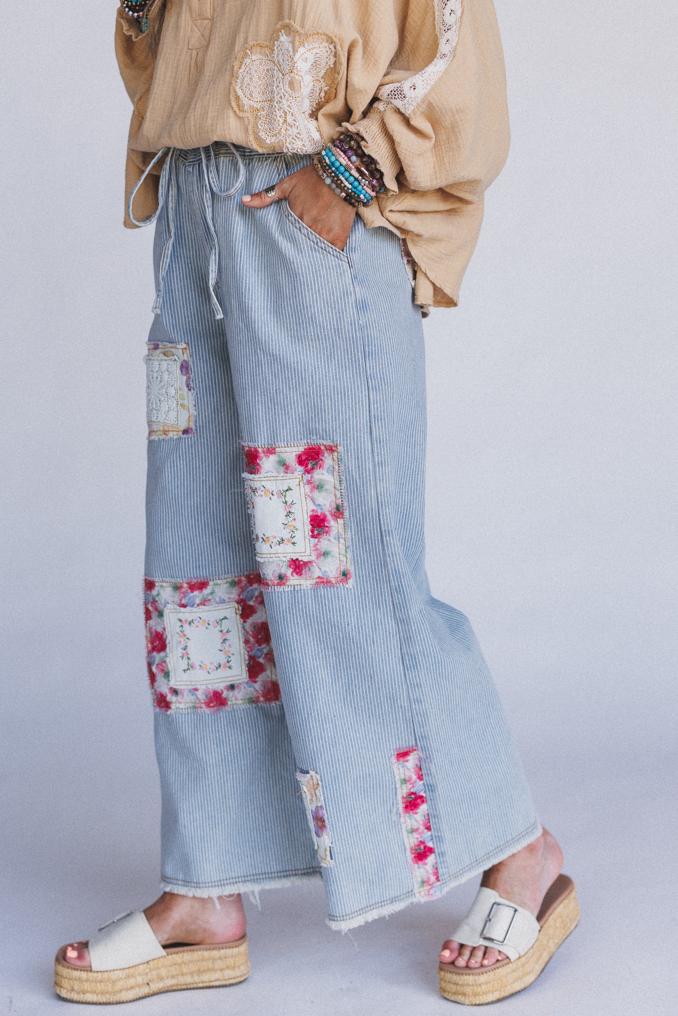 Coastal Lines Striped Patchwork Pants - Denim - Image 7