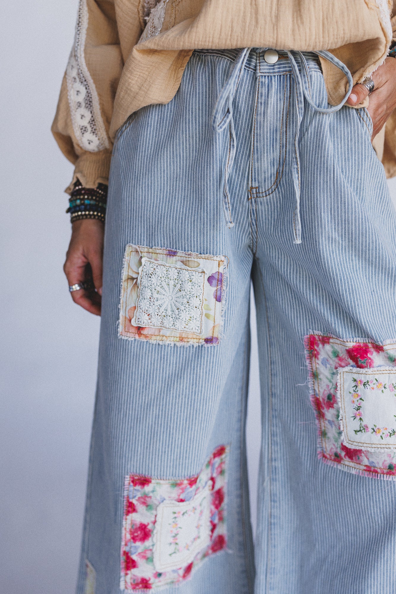 Coastal Lines Striped Patchwork Pants - Denim - Image 3